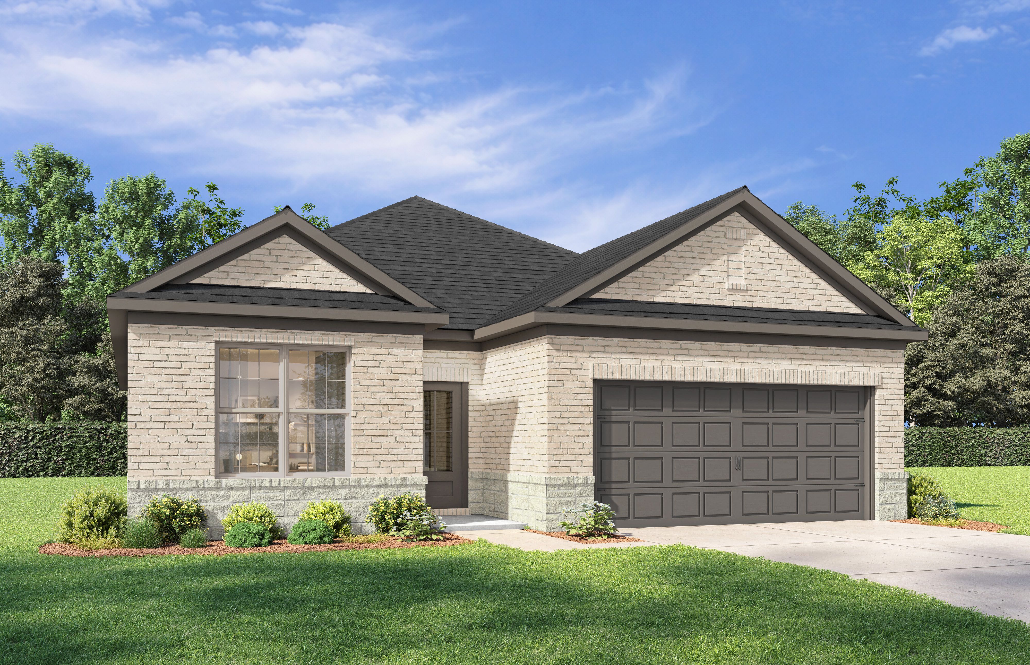 Modern brick elevation of The Holly D 1-story home featuring 2-car garage, gable roof, and lush landscaping in Heartland, Texas