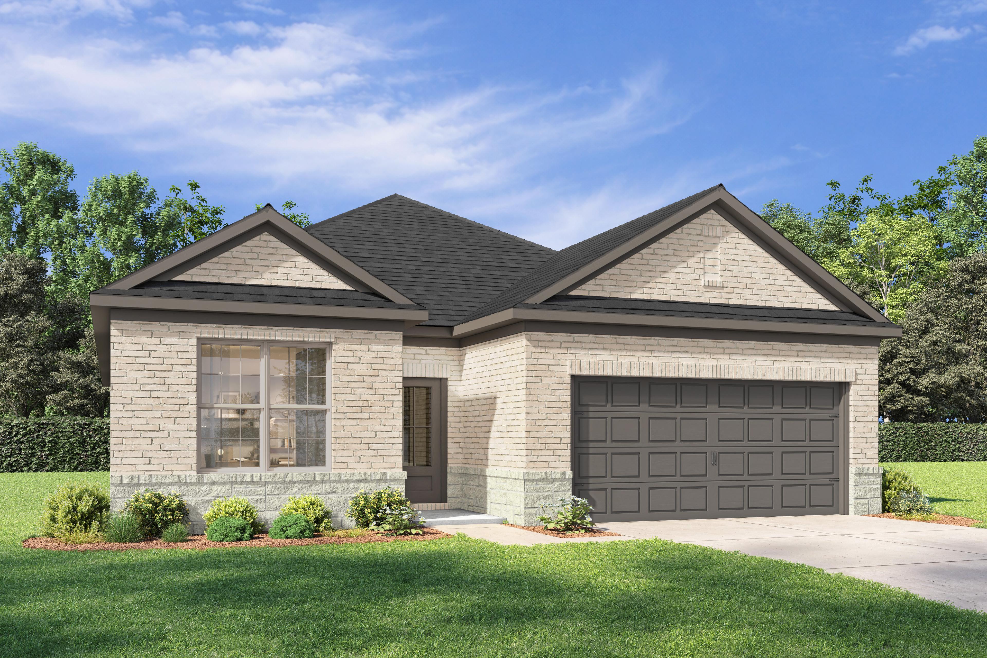 Modern brick elevation of The Holly D 1-story home featuring 2-car garage, gable roof, and lush landscaping in Heartland, Texas