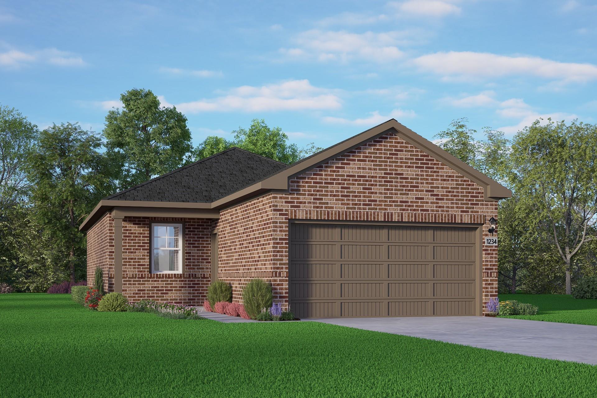 Brick single-story home with 2-car garage, brick facade, and green lawn in Spring Branch Crossing, Conroe, Texas - The Comal F by Davidson Homes