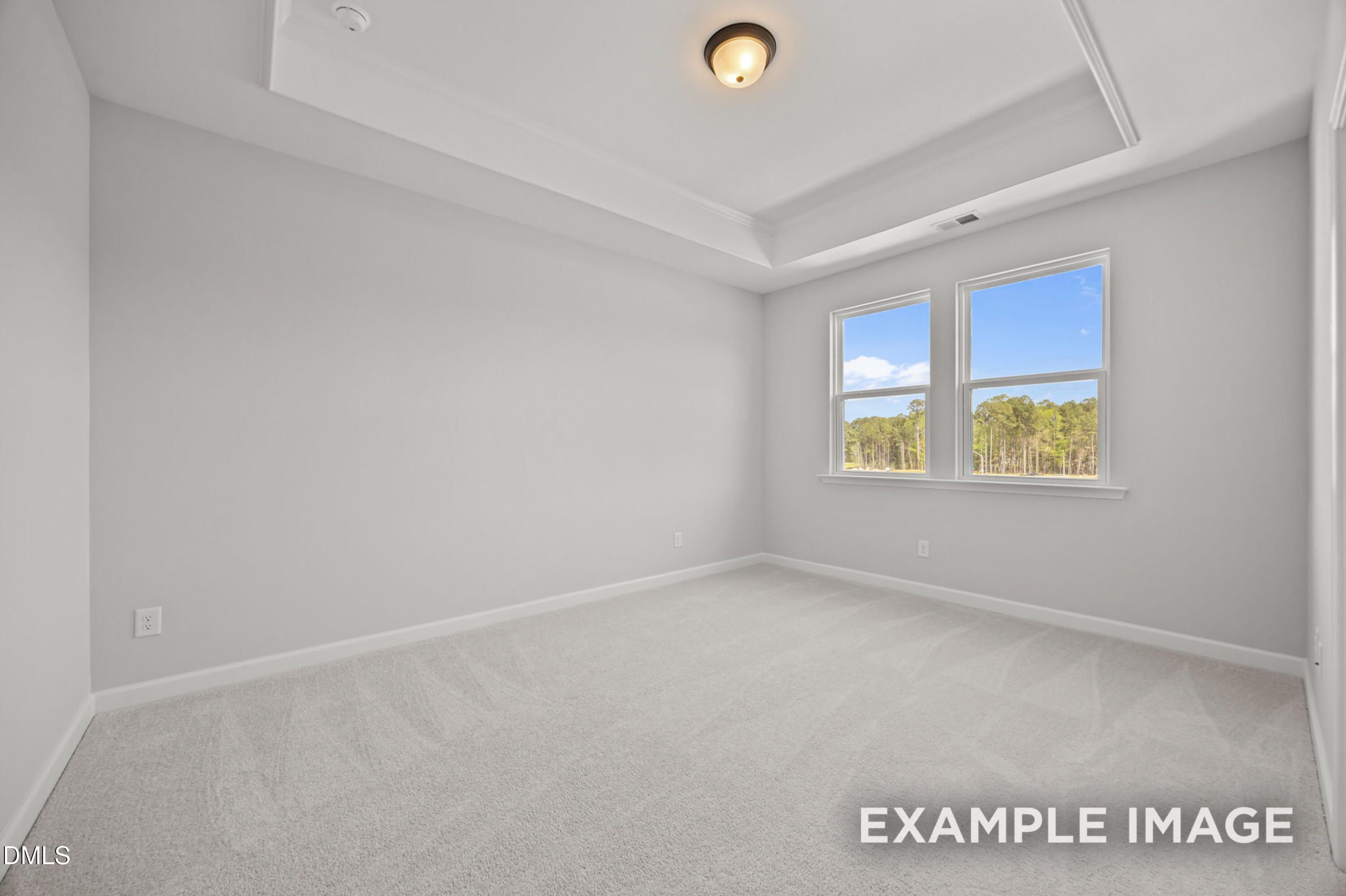 Bright bedroom with tray ceiling and carpet flooring in The Alexander B floor plan at Forestville Yard, Knightdale, NC.