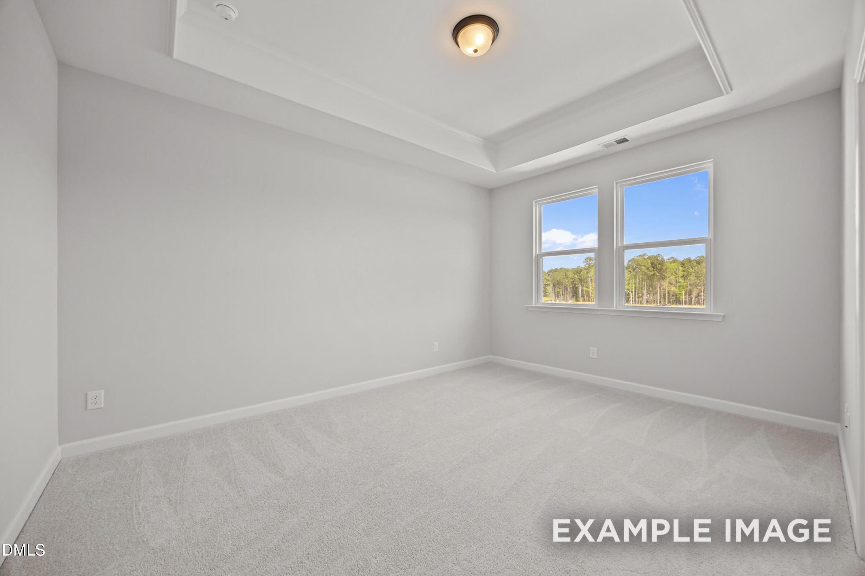 Bright bedroom with tray ceiling and carpet flooring in The Alexander B floor plan at Forestville Yard, Knightdale, NC.