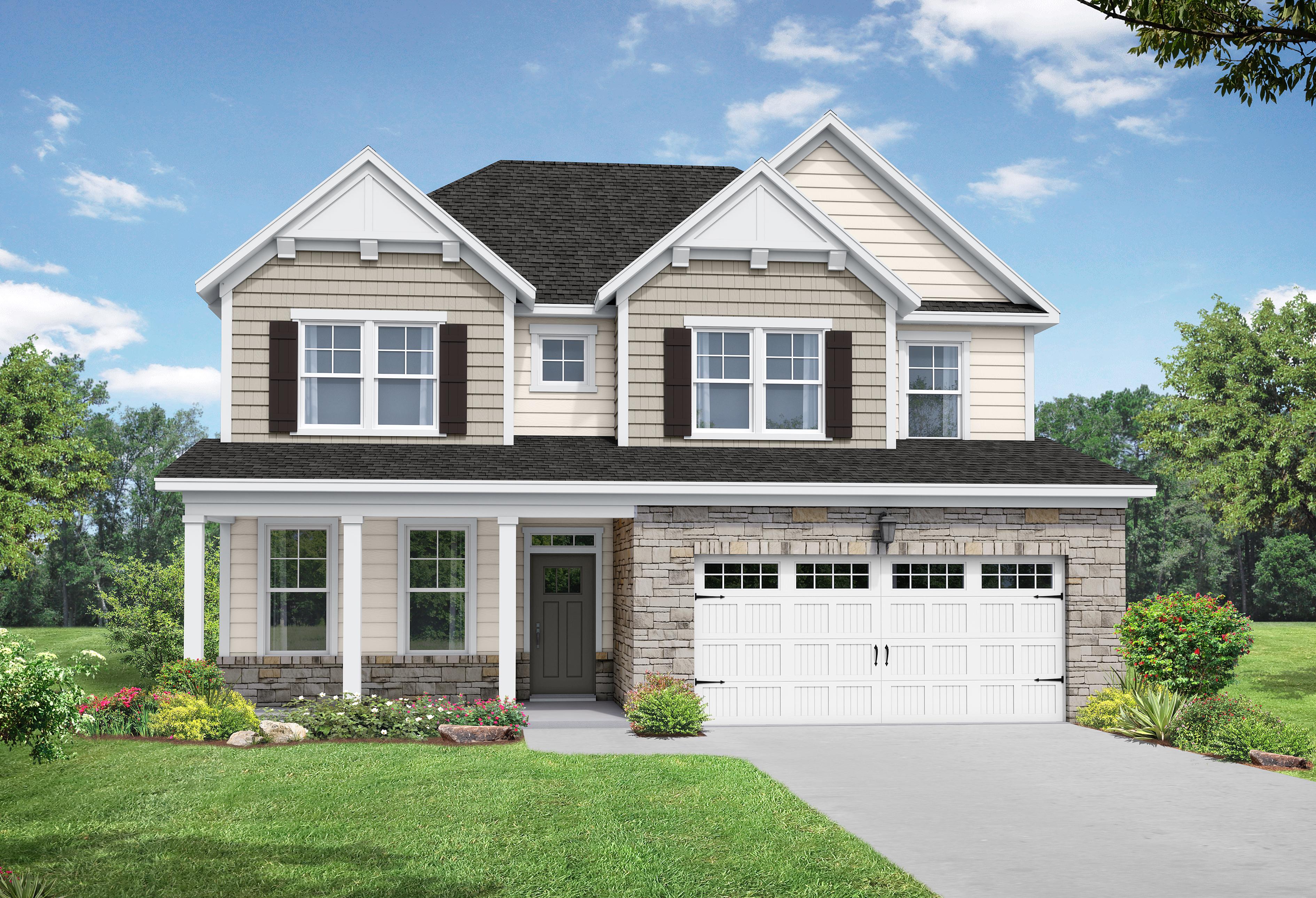 Two-story The Willow D home elevation with beige siding, stone details, covered porch, and 2-car garage in Wendell NC