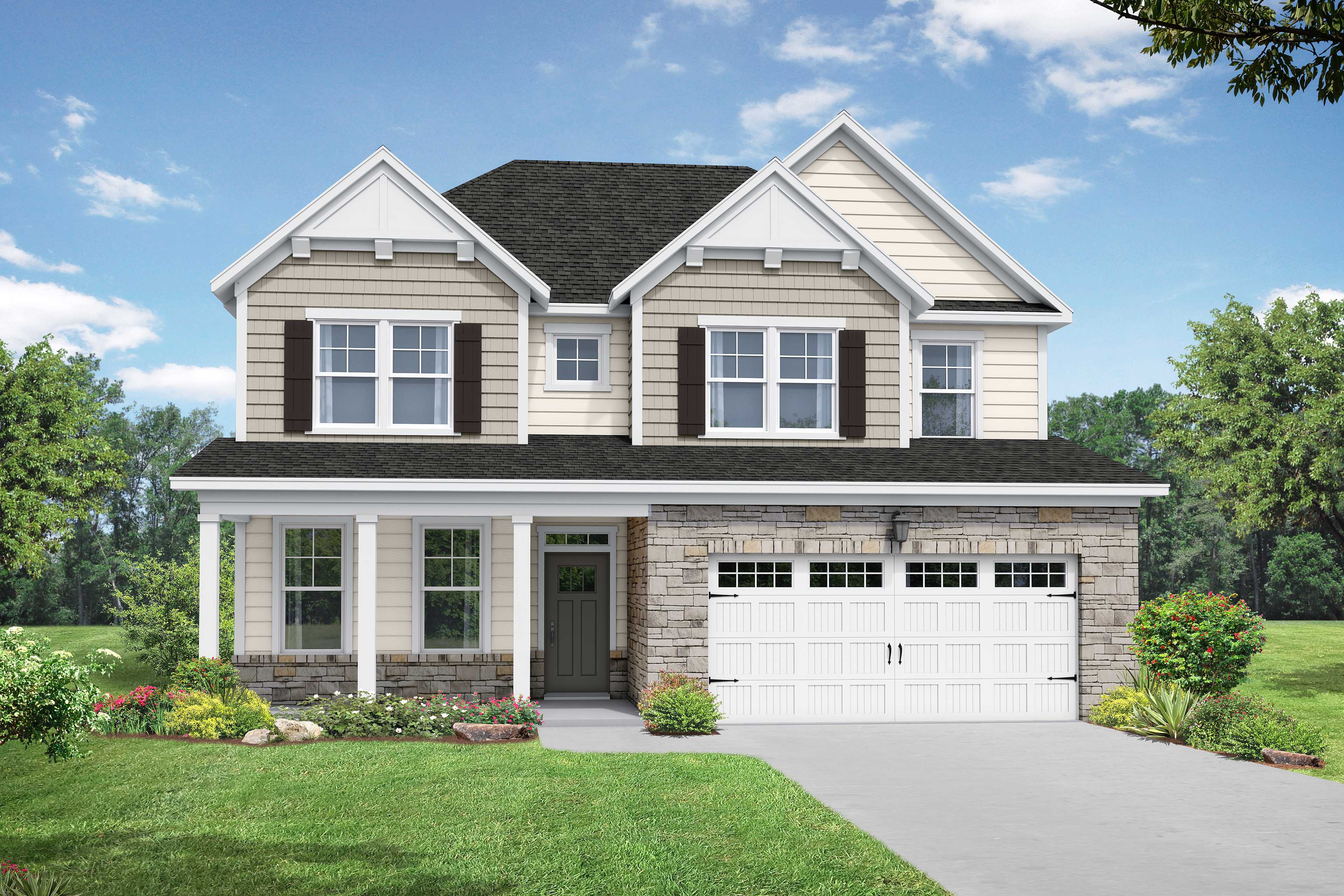 Two-story The Willow D home elevation with beige siding, stone details, covered porch, and 2-car garage in Wendell NC