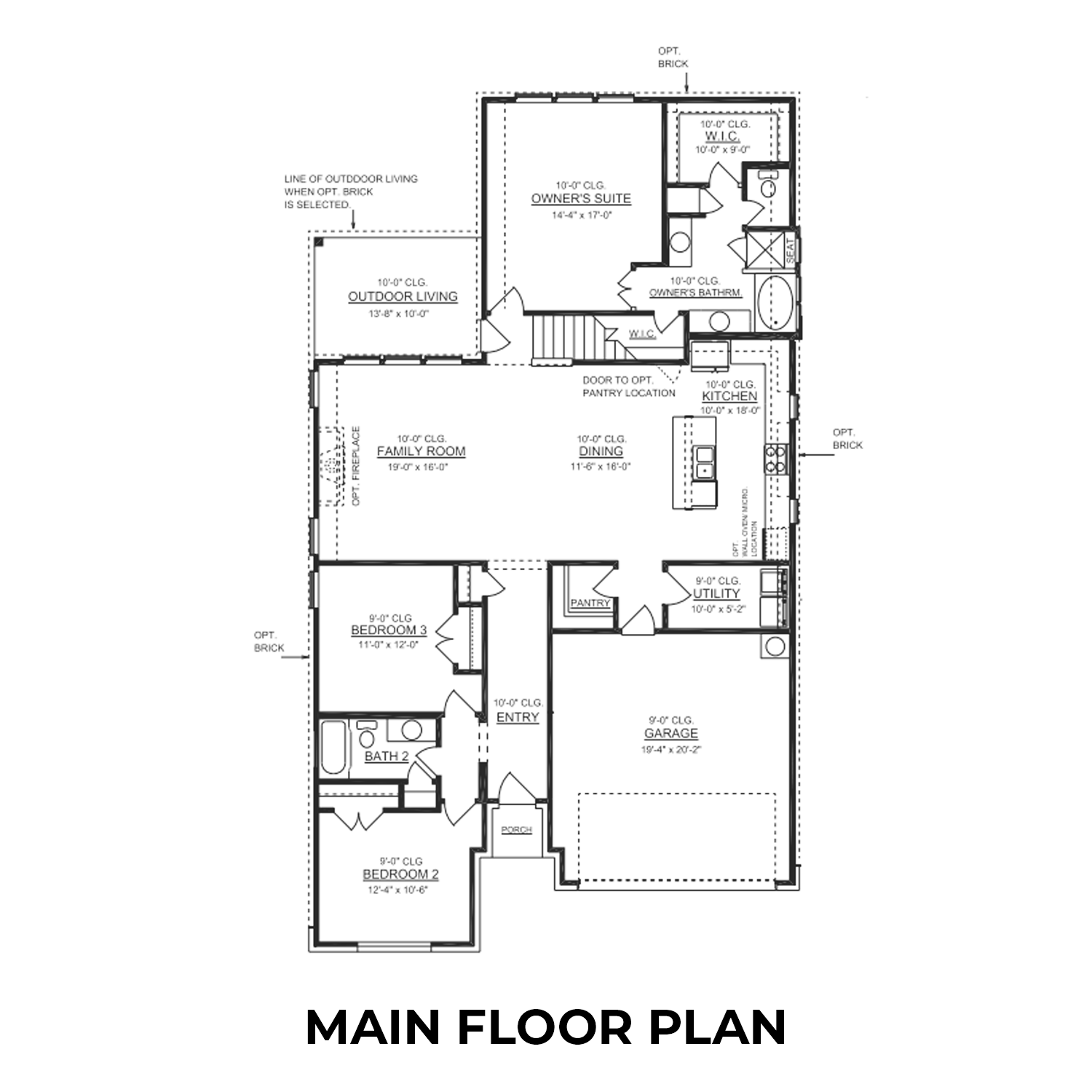 First floor plan of The Collin B showcasing owner's suite, open kitchen, family room, 3 bedrooms, and 3-car garage