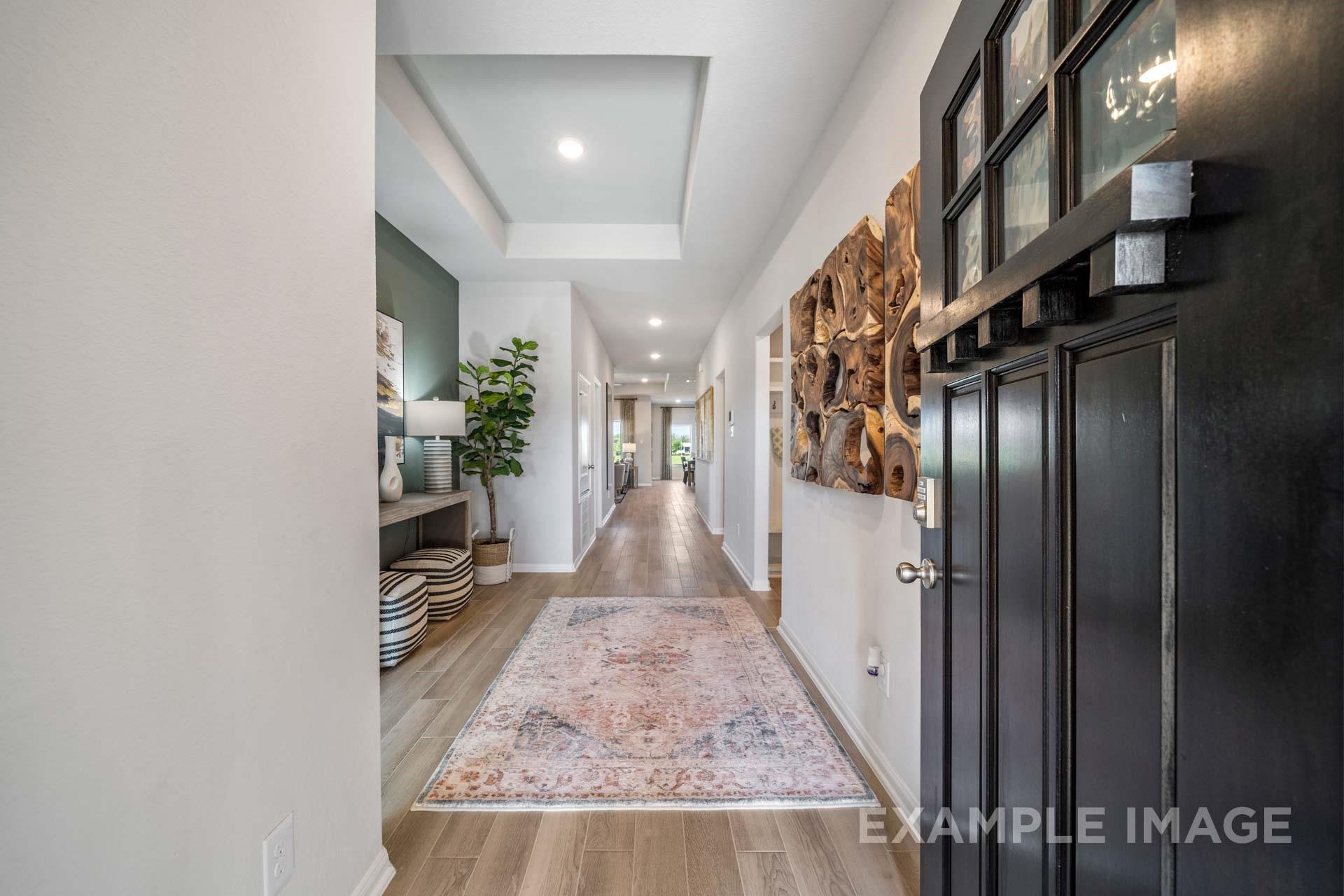 Welcoming foyer with dark front door, wood-look tile floors, and tray ceiling in Davidson Homes Acadia A, Texas City