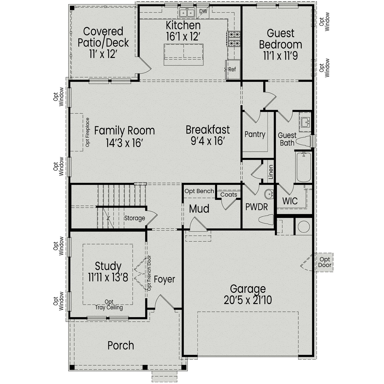 First floor layout of The Aspen C showcasing open family room, gourmet kitchen, study, and 2-car garage