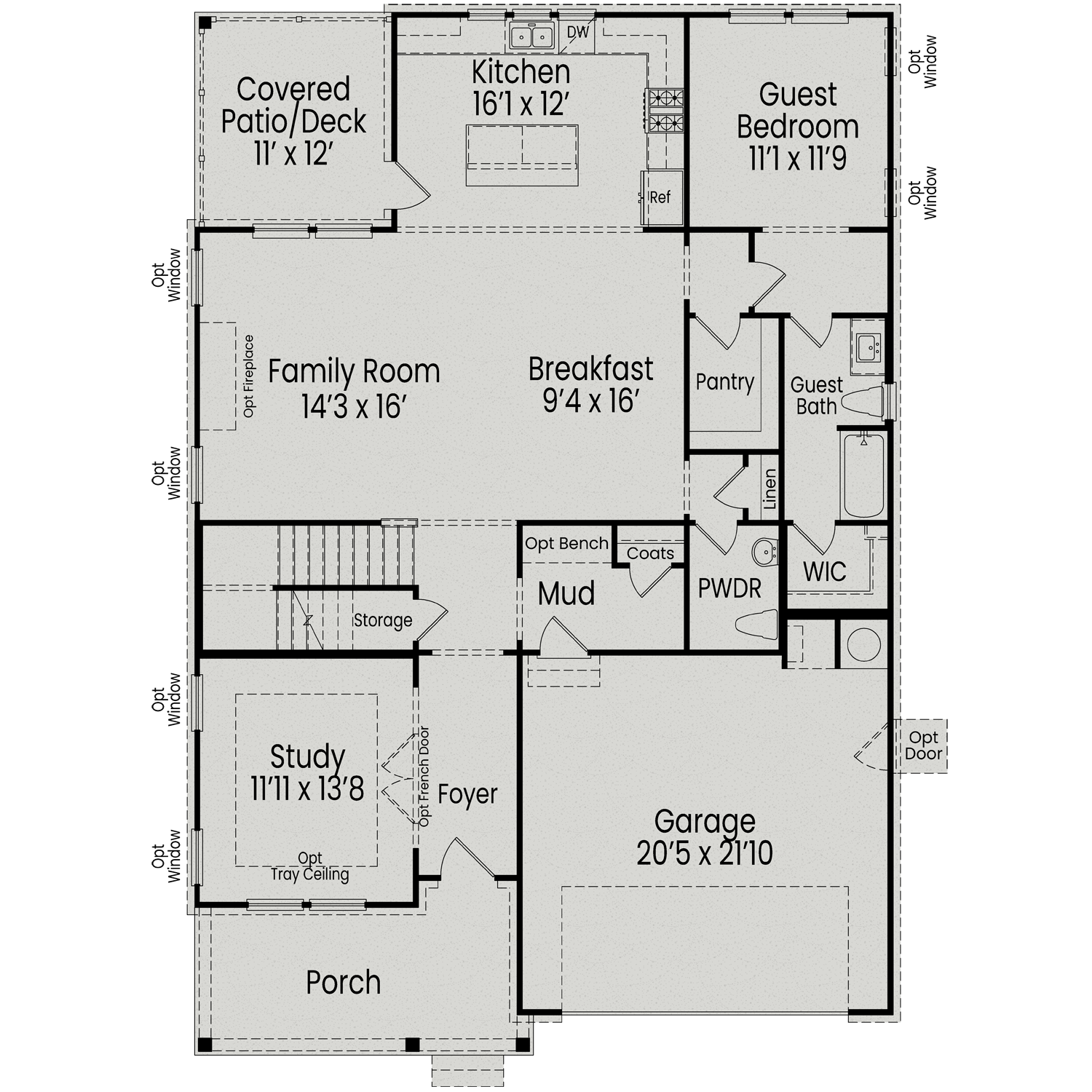 First floor layout of The Aspen B home design featuring open family room, gourmet kitchen, guest suite, and 2-car garage