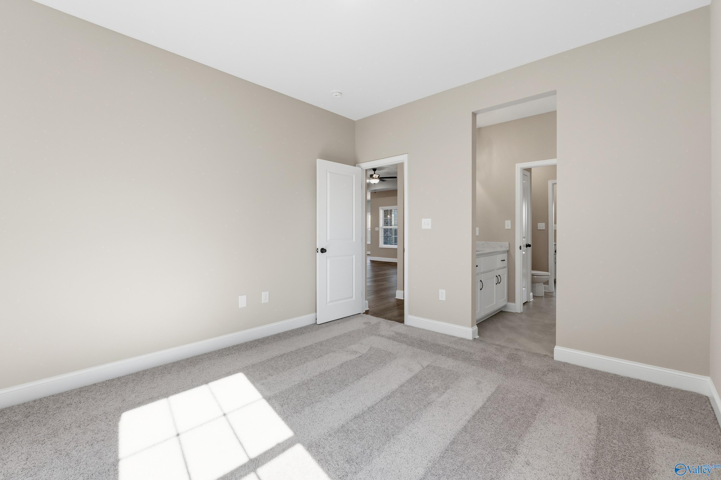 Bright bedroom with beige walls, carpet floor, and adjacent bathroom vanity in Davidson Homes The Finleigh, Meridianville, Alabama