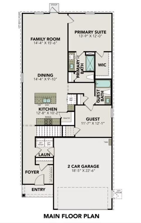 Main floor plan of The San Marcos F 5-bedroom home by Davidson Homes, open kitchen, family room, primary suite, 2-car garage in Cleveland, Texas