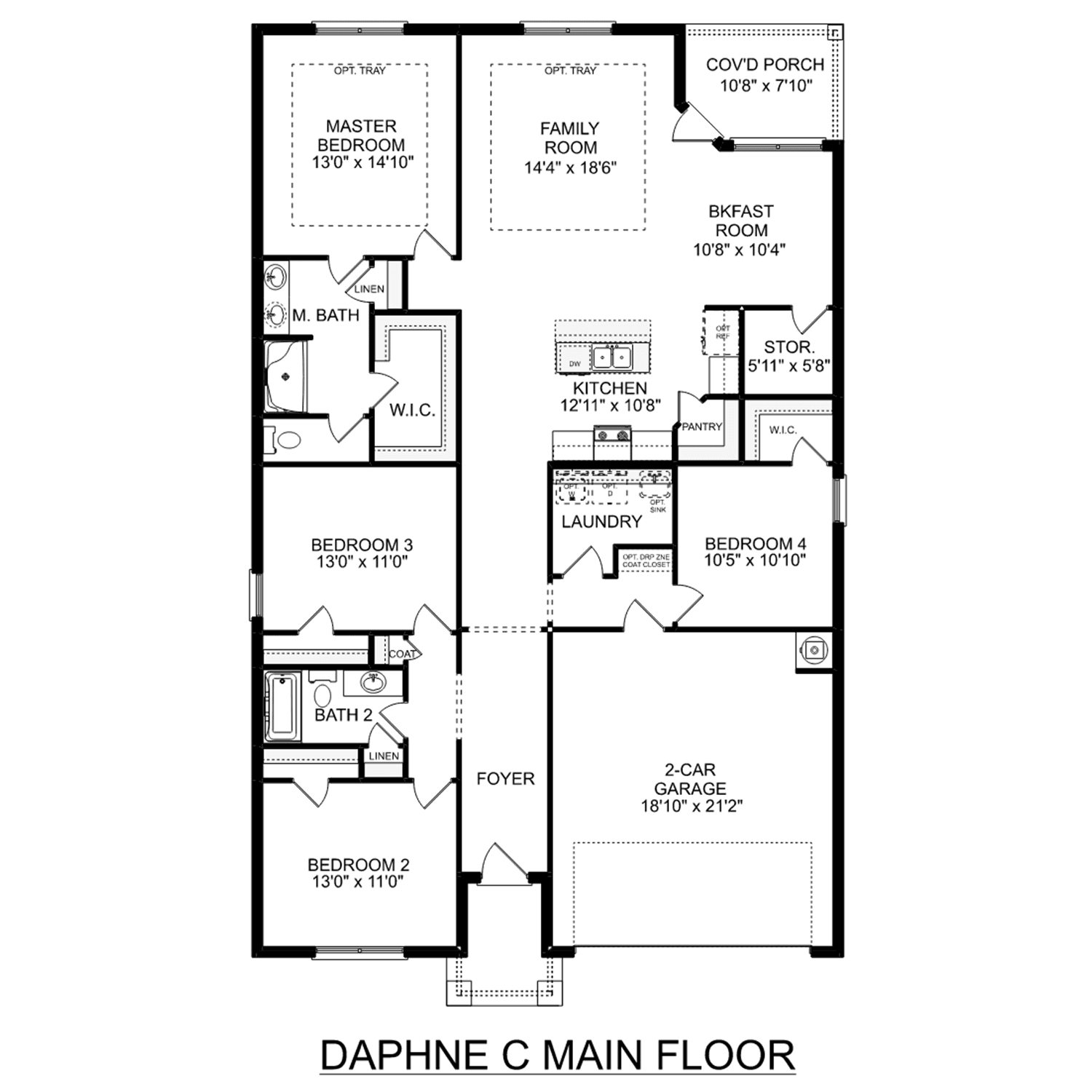 Floor plan of The Daphne C 4-bedroom single-story home with master suite, open kitchen-family room, and 2-car garage