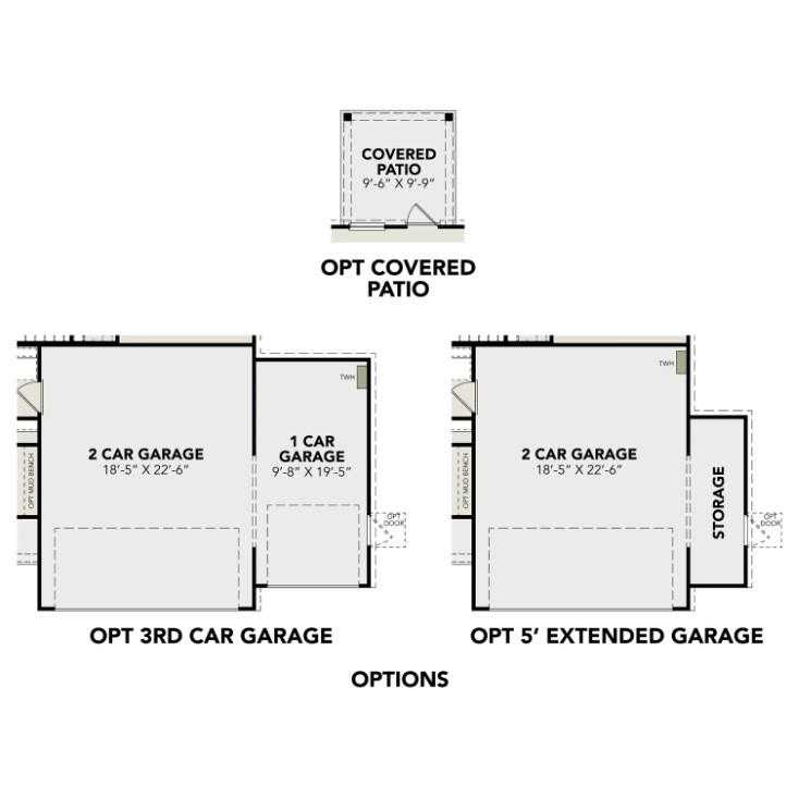 Floor plan options for covered patio, 2-car garage, and extended 3rd car space in The Sabine E home, Conroe, Texas