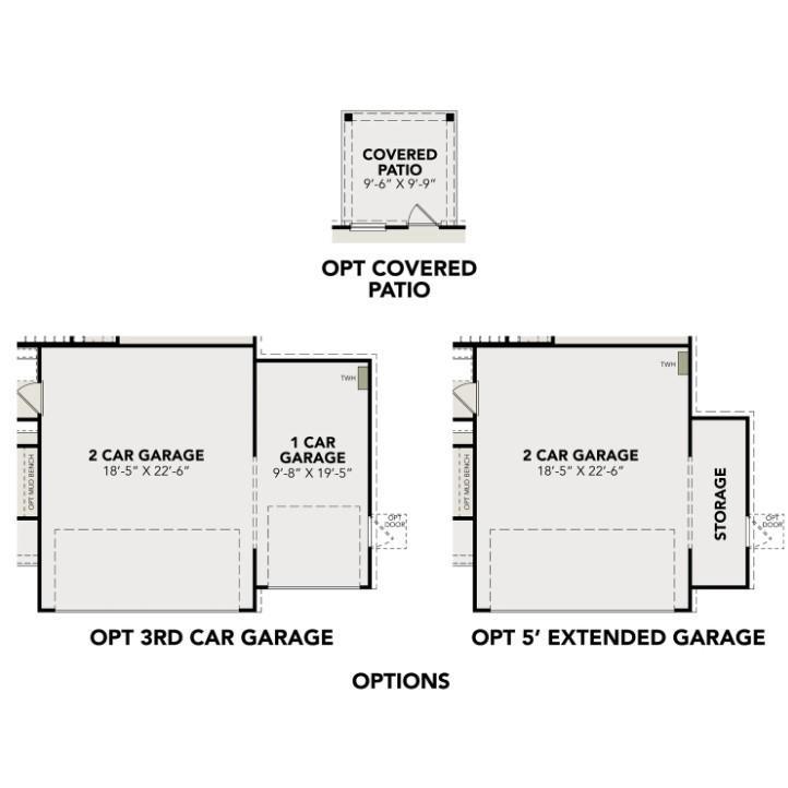 Floor plan options for covered patio, 2-car garage, and extended 3rd car space in The Sabine E home, Conroe, Texas