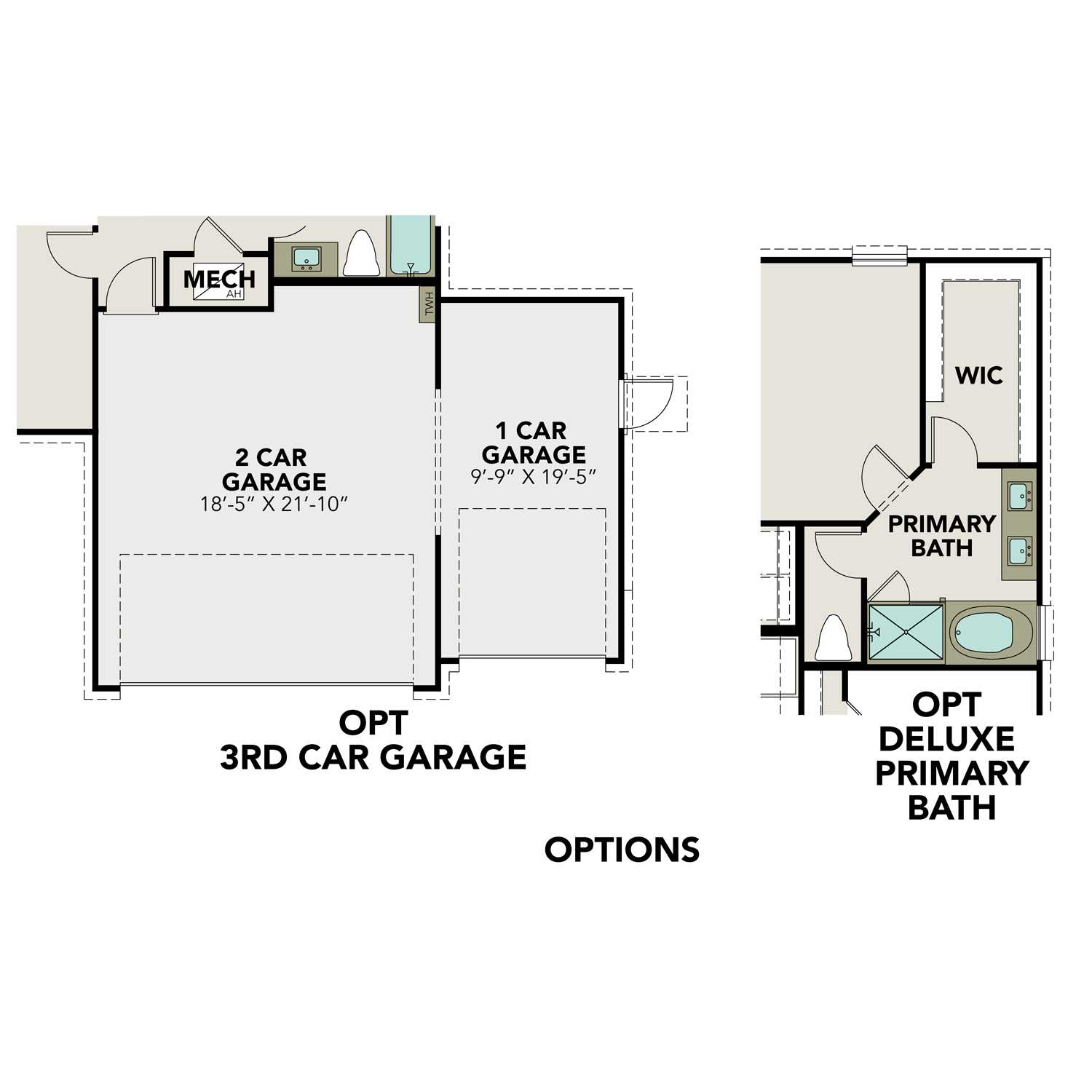 Spacious 3-car garage floor plan for The Costa A home design with 2-car bay, 1-car bay, optional third bay, and primary suite access