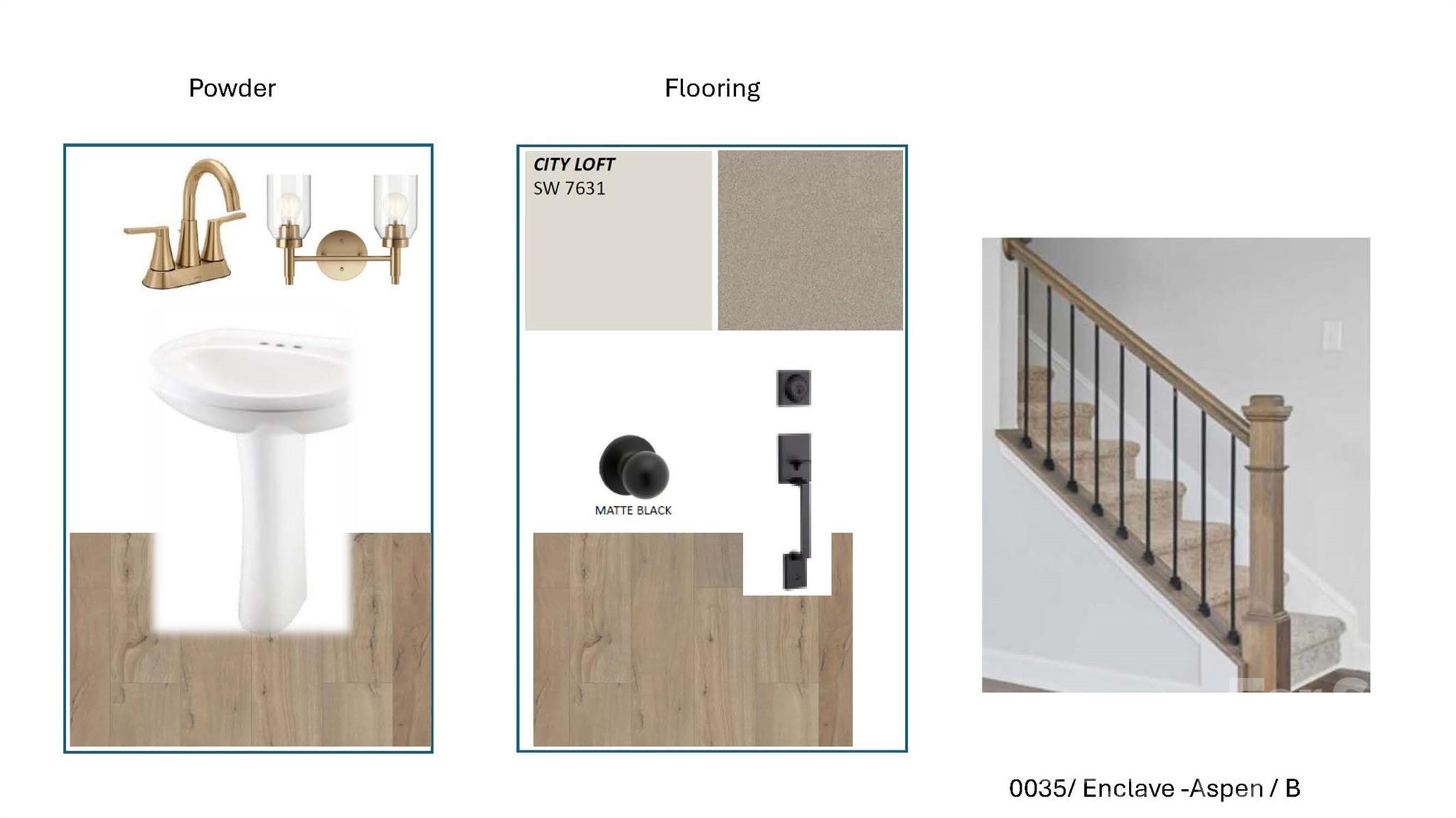 Interior design selections for The Aspen B: powder room fixtures, City Loft paint, matte black hardware, and staircase in Enclave at Belmont