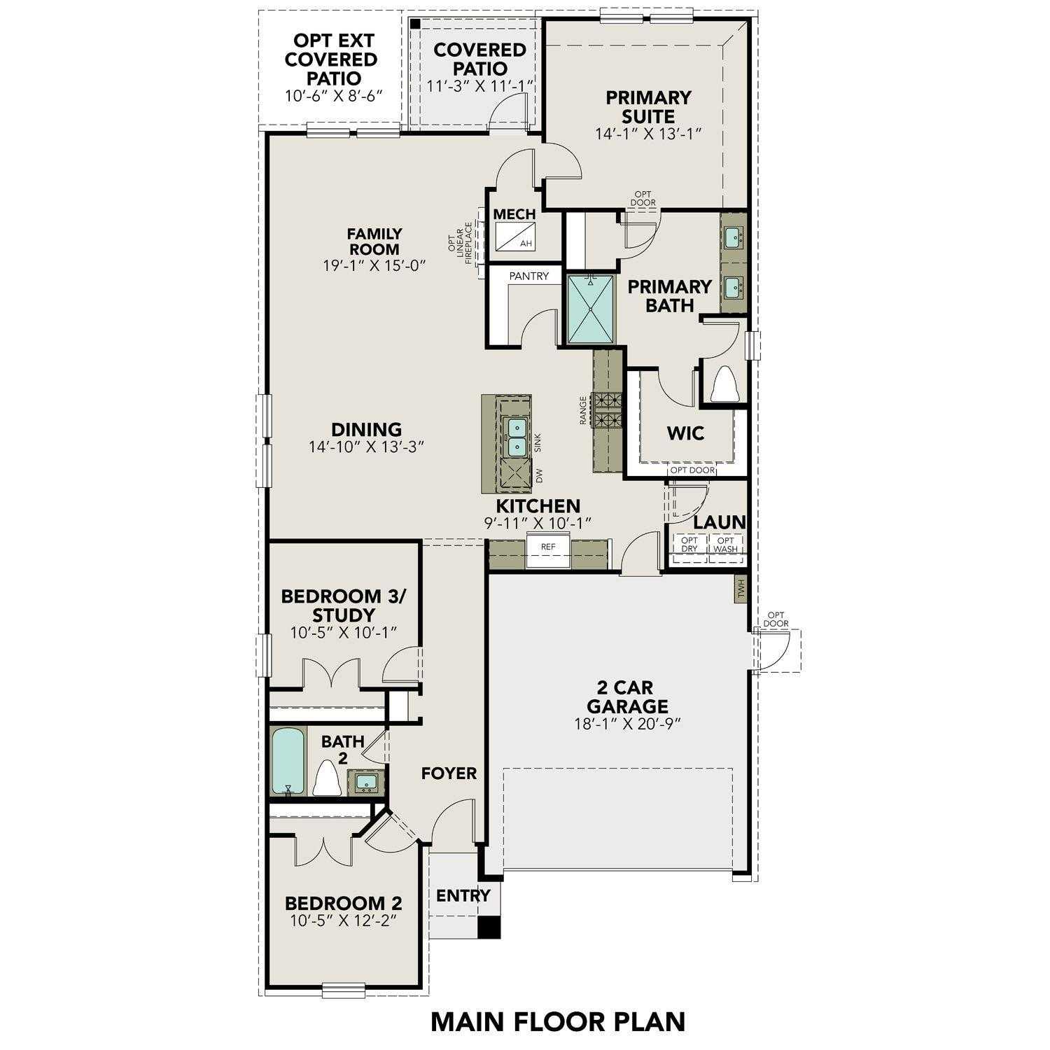 Floor plan of The Laguna B 3-bed, 2-bath home: open kitchen, primary suite, family room, 3-car garage in Dayton, Texas