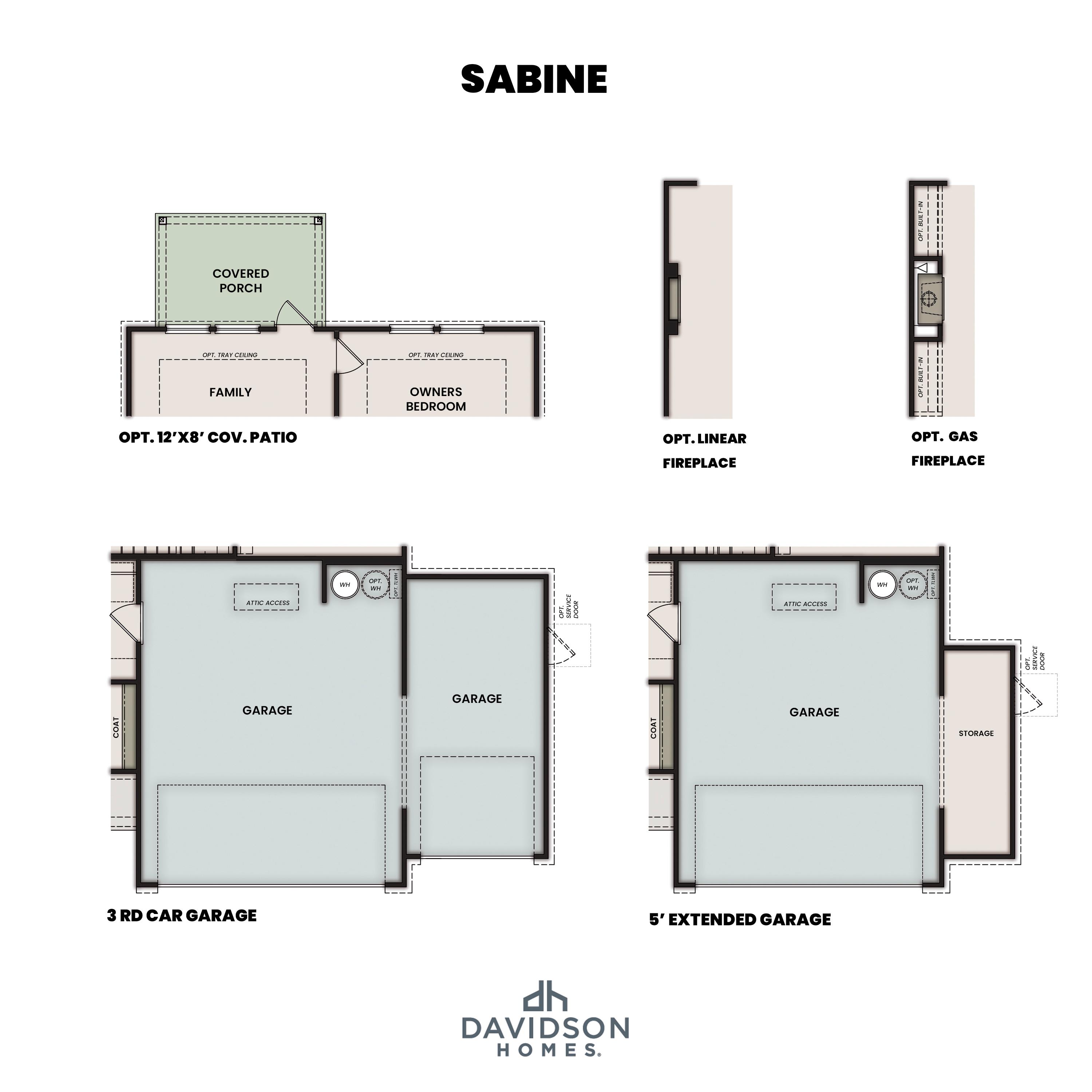 The Sabine floor plan layout with 2-car garage options, extended 3-car bay, covered patio, family room, and main-floor primary suite