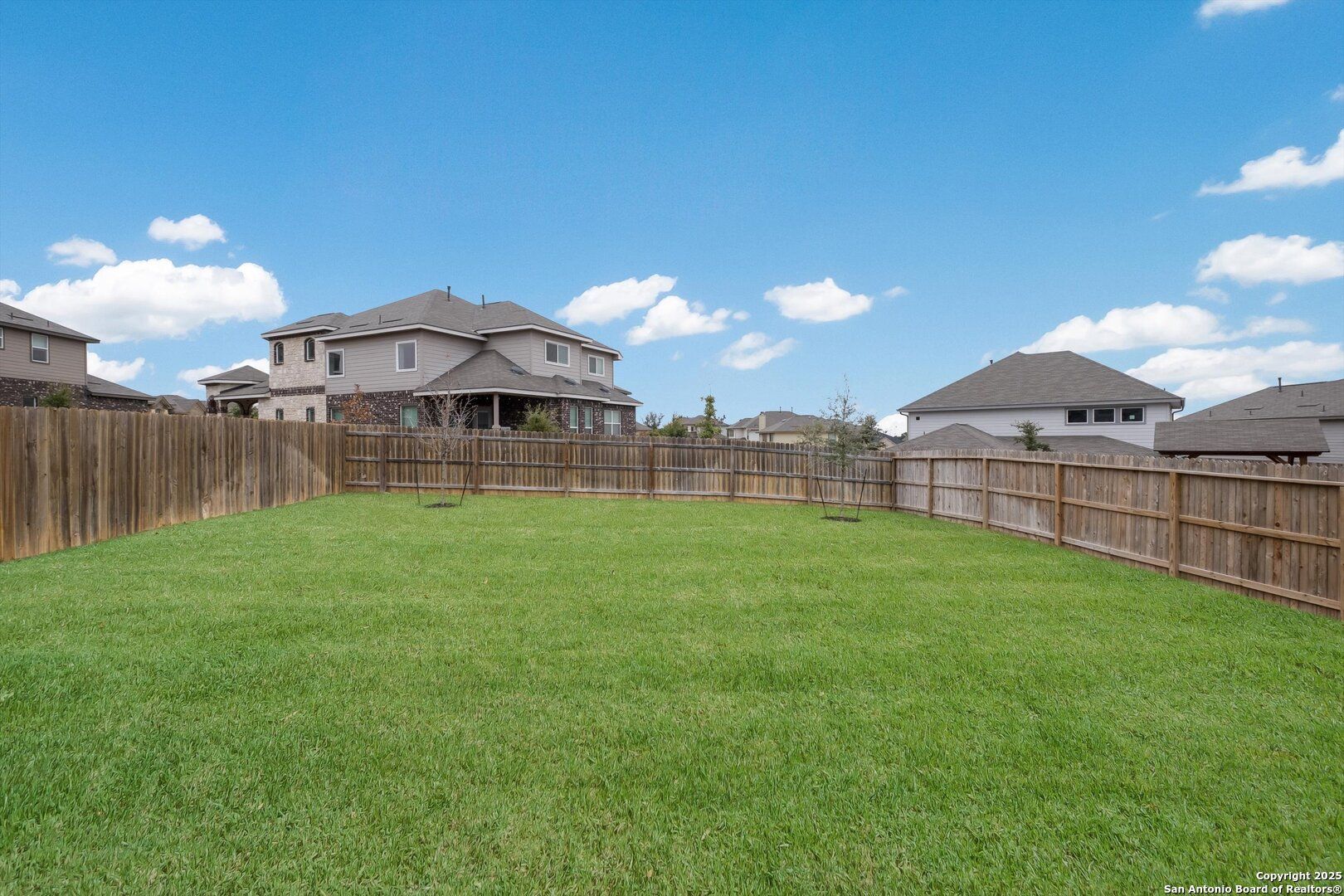 Expansive grassy backyard with wooden privacy fence and neighboring homes in The Asheville K, Bricewood, San Antonio, Texas