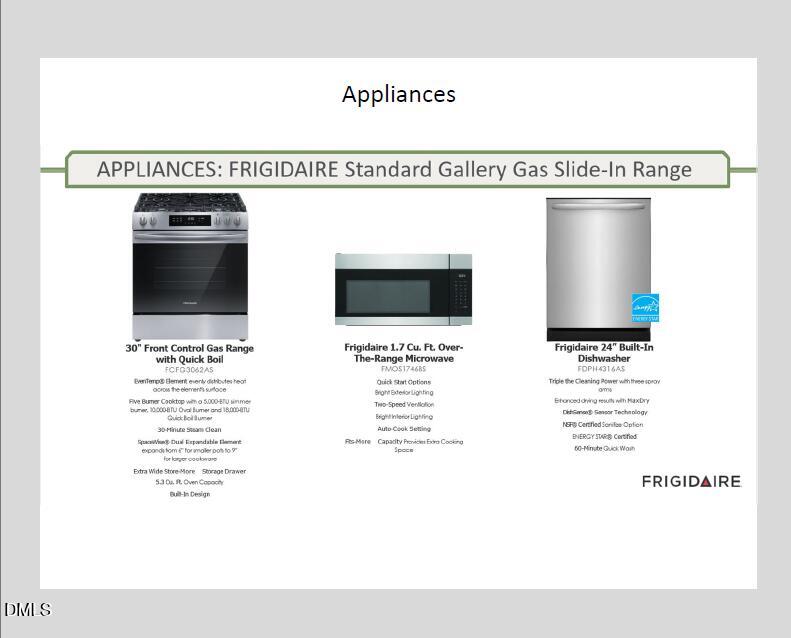Frigidaire Gallery stainless gas slide-in range, 1.7 cu ft microwave, and Energy Star dishwasher in The Preston A home, Lillington, NC