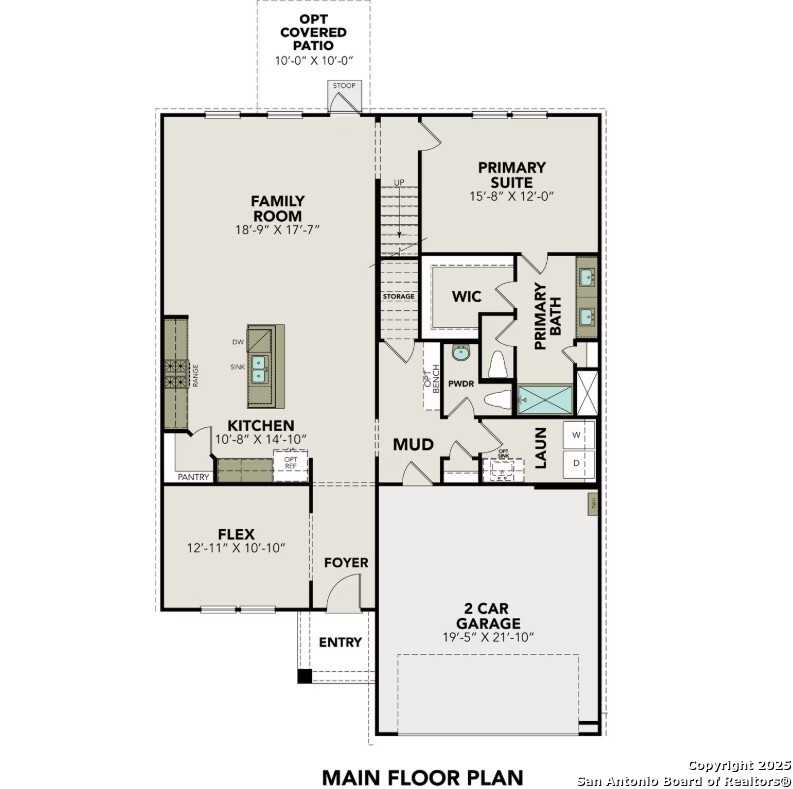 The Douglas B main floor plan: open kitchen with island, family room, primary suite, 2-car garage in 4-bed Davidson home, Converse TX