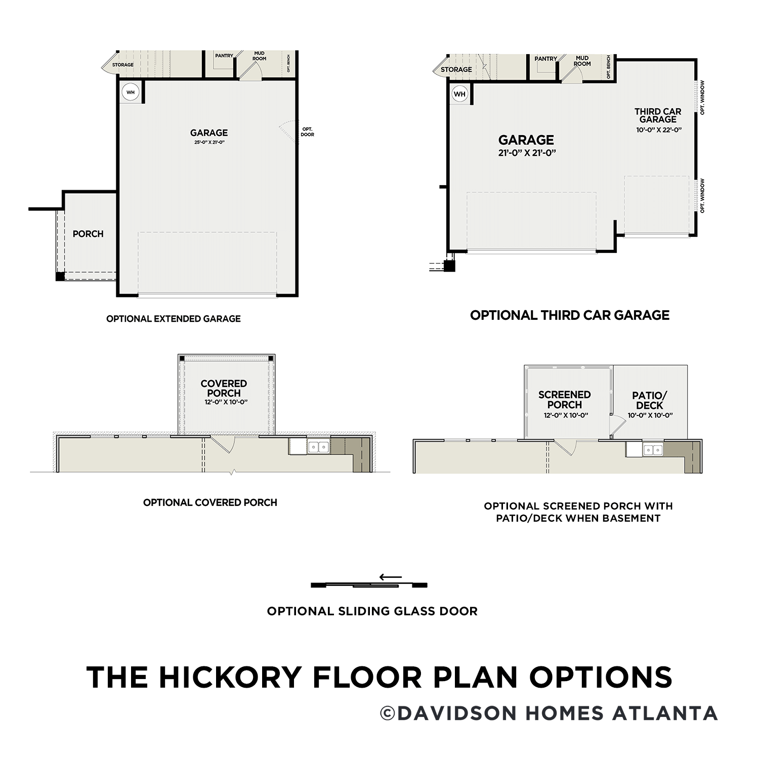 The Hickory floor plan options: extended 2-car garage, covered porch, third-car garage, screened porch with patio by Davidson Homes Atlanta