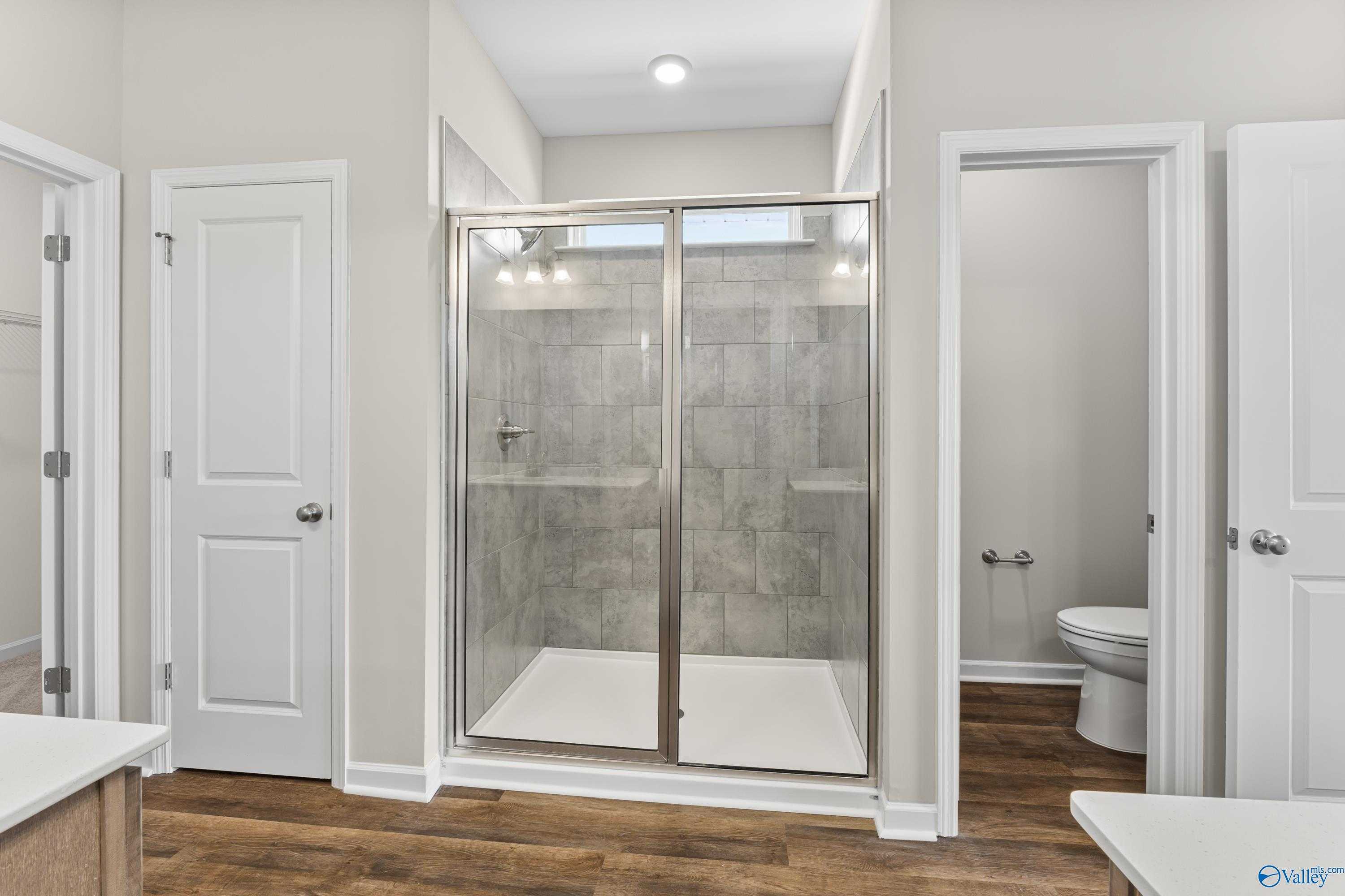 Modern master bathroom featuring frameless glass shower with gray tile and separate water closet in Davidson Homes The Haven, Huntsville