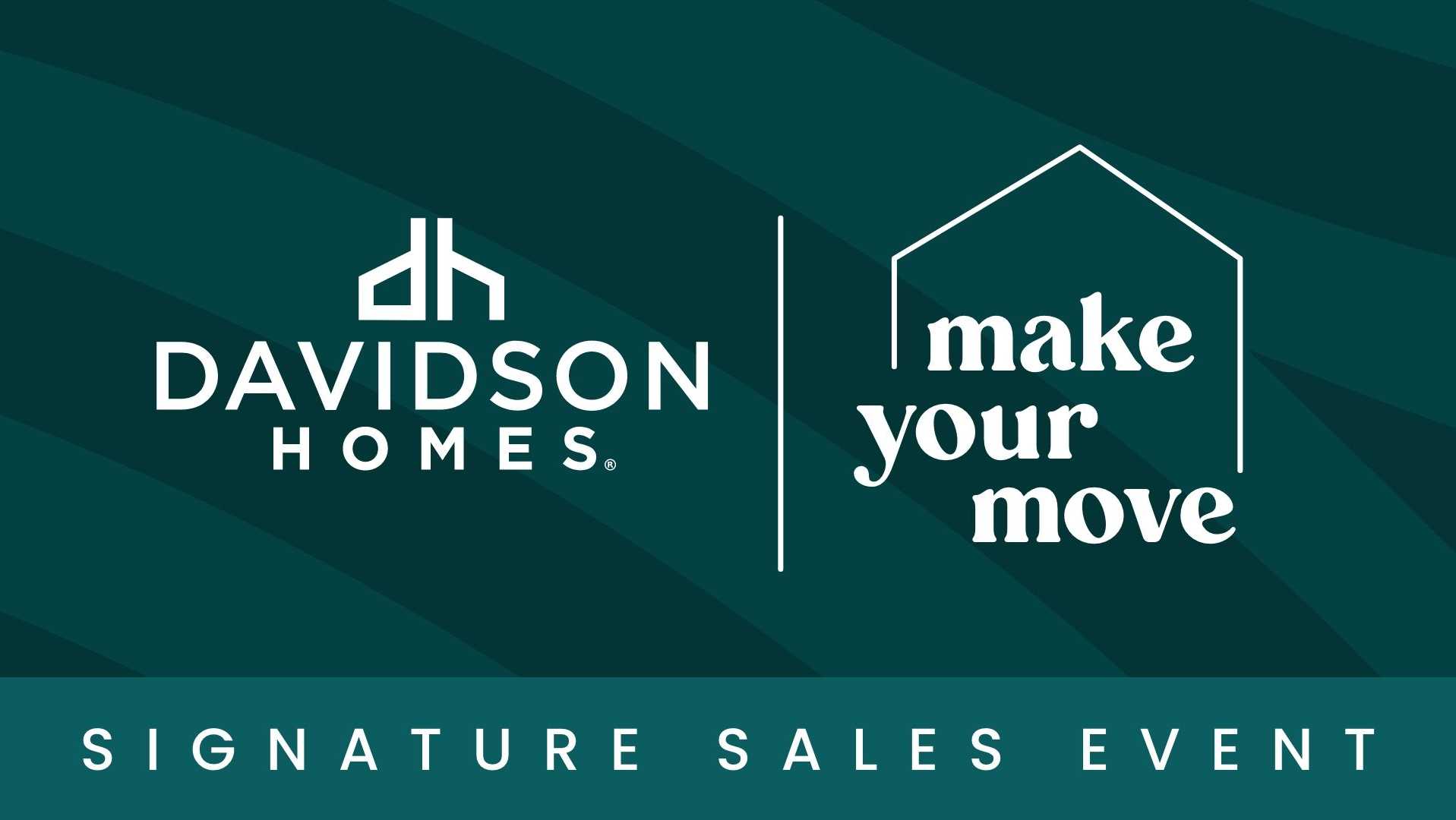 Bold "Make Your Move" slogan with white house icon on navy blue striped background, Atlanta homebuilder promotion