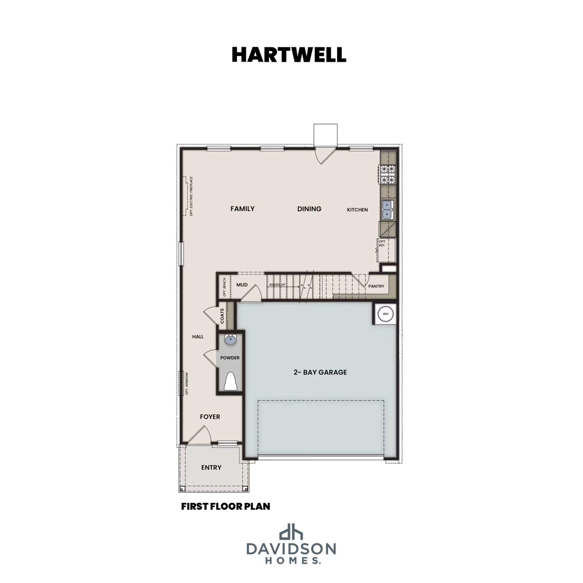Hartwell A first floor plan: open family room, kitchen with pantry, dining area, powder room, mud room, and 2-bay garage by Davidson Homes in Canton, GA