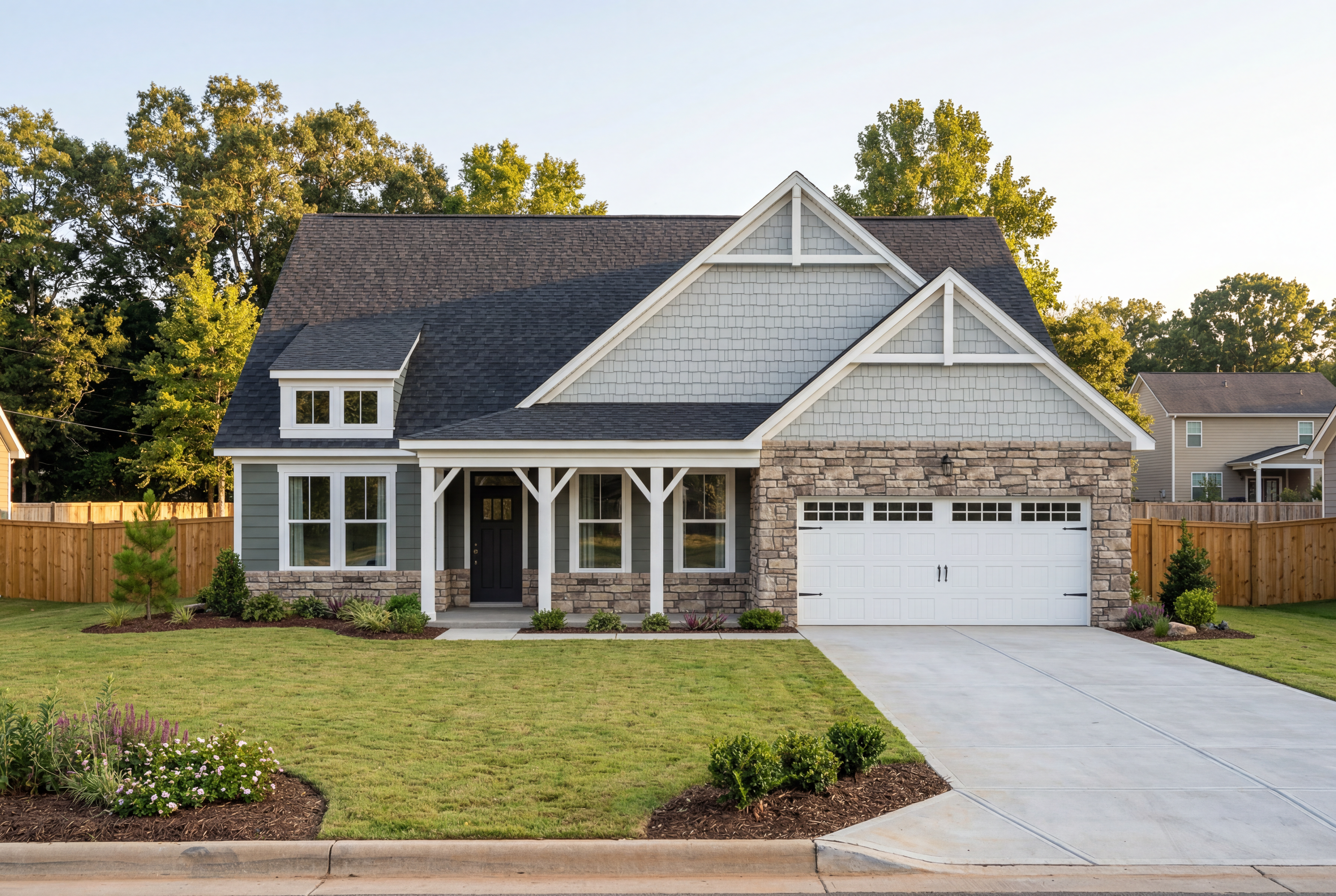Magnolia D single-story home elevation in Mooresville NC featuring gray siding, stone accents, covered porch, and 2-car garage by Davidson Homes