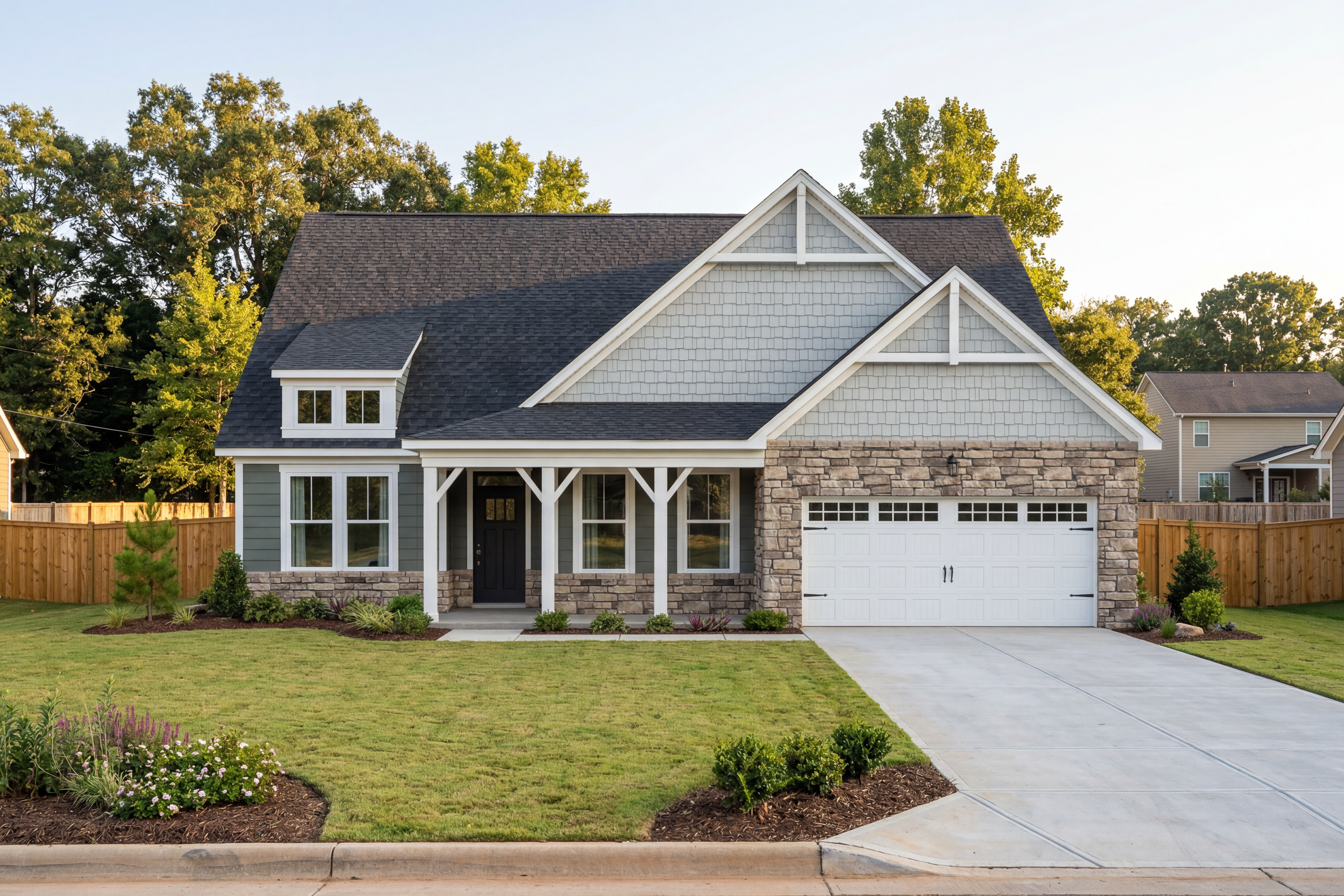 Magnolia D single-story home elevation in Mooresville NC featuring gray siding, stone accents, covered porch, and 2-car garage by Davidson Homes