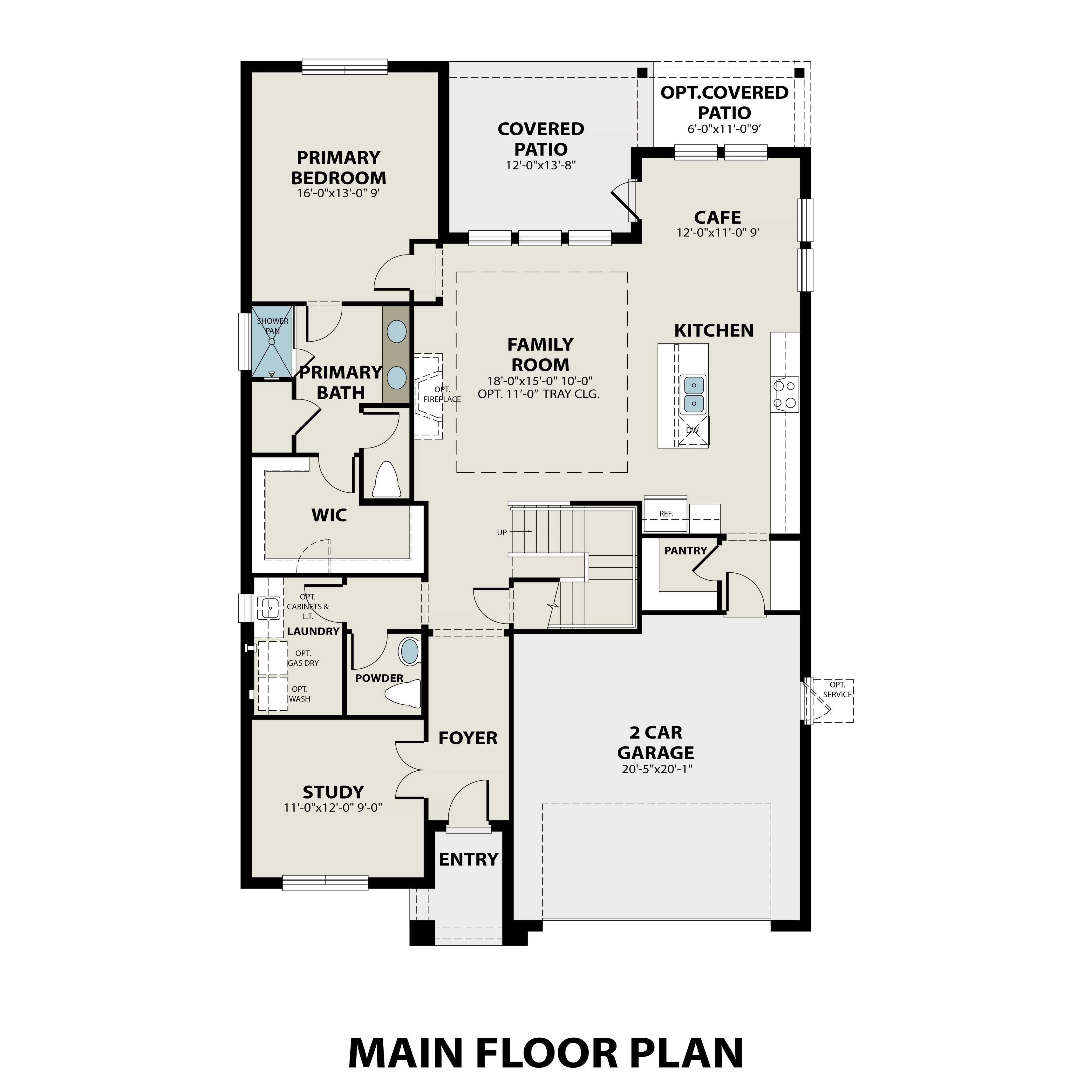 Sequoia first-floor plan by Davidson Homes: primary suite, open kitchen-family room, study, powder bath, 2-car garage