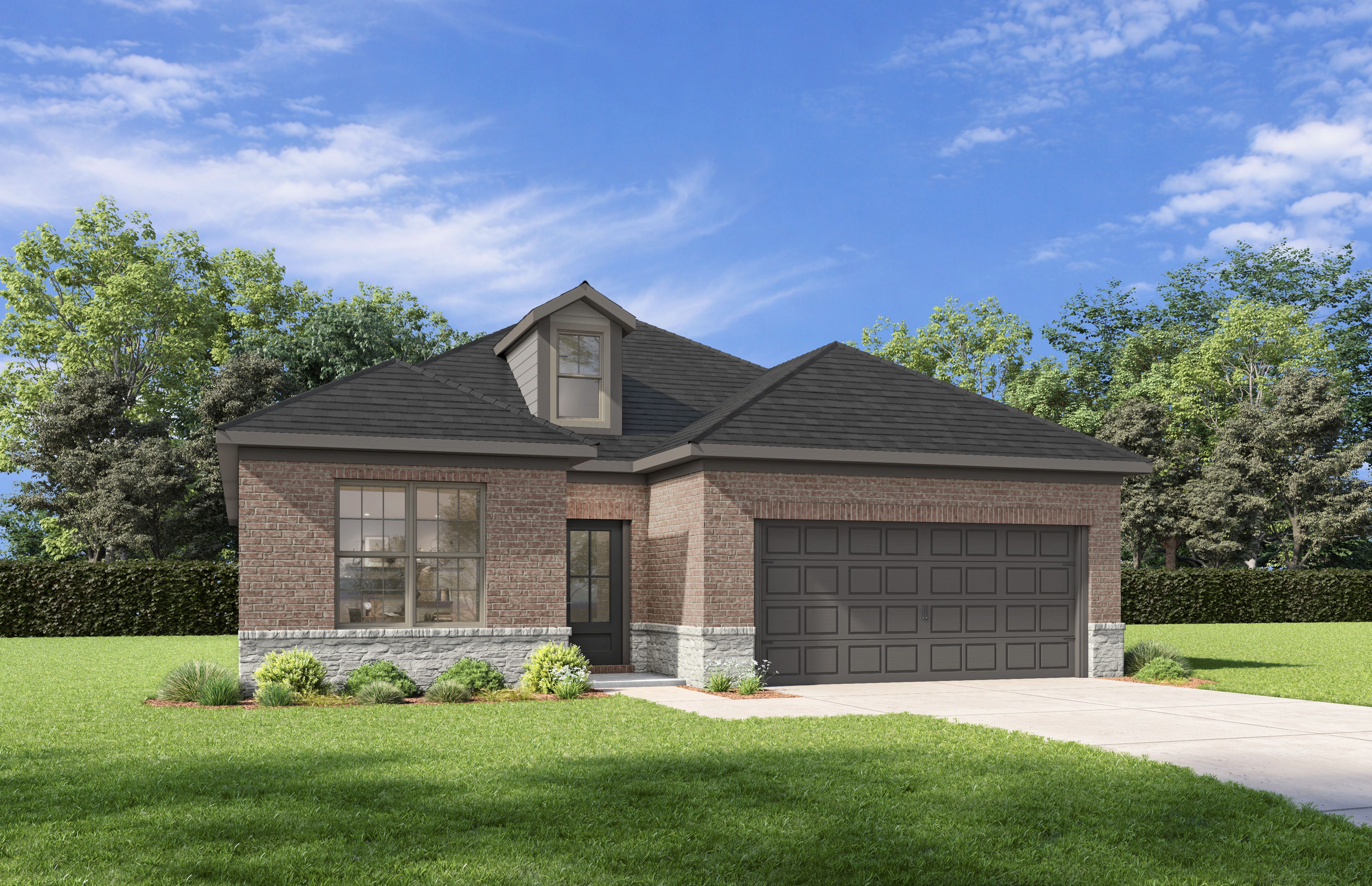 Modern brick and concrete exterior of The Holly E 1-story home with 2-car garage, dormer roof, and landscaped front yard