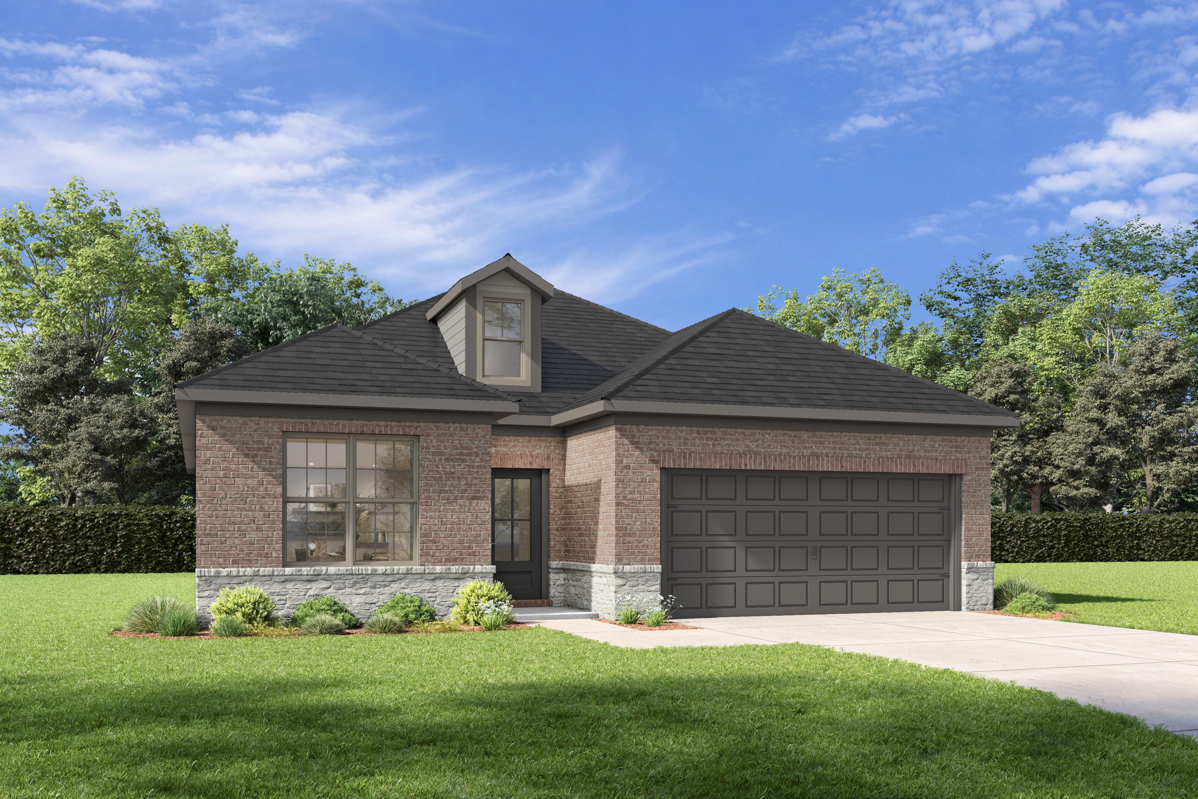 Modern brick and concrete exterior of The Holly E 1-story home with 2-car garage, dormer roof, and landscaped front yard