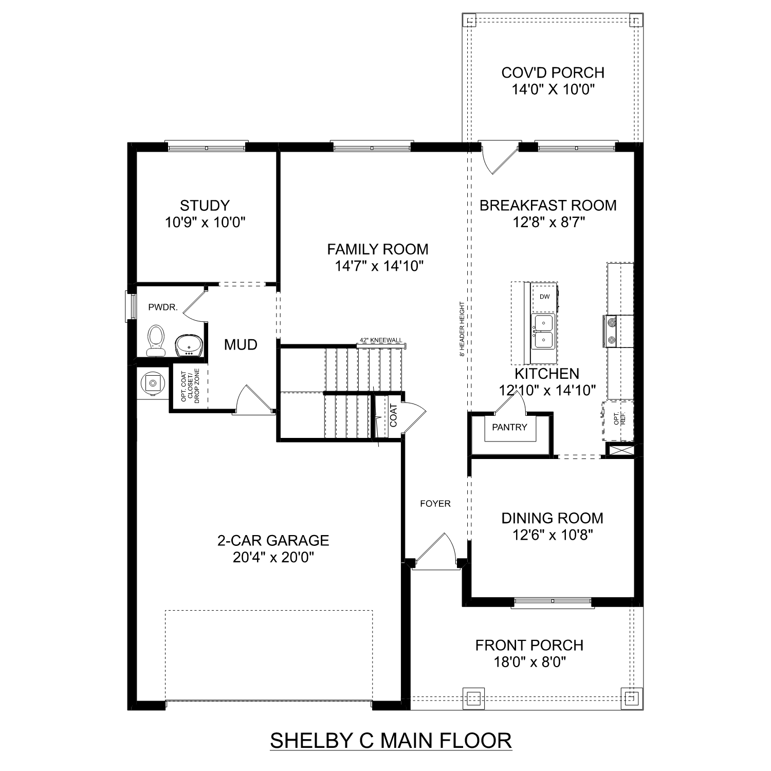 First floor plan of The Shelby C by Davidson Homes: open family room, kitchen, dining, breakfast nook, 2-car garage