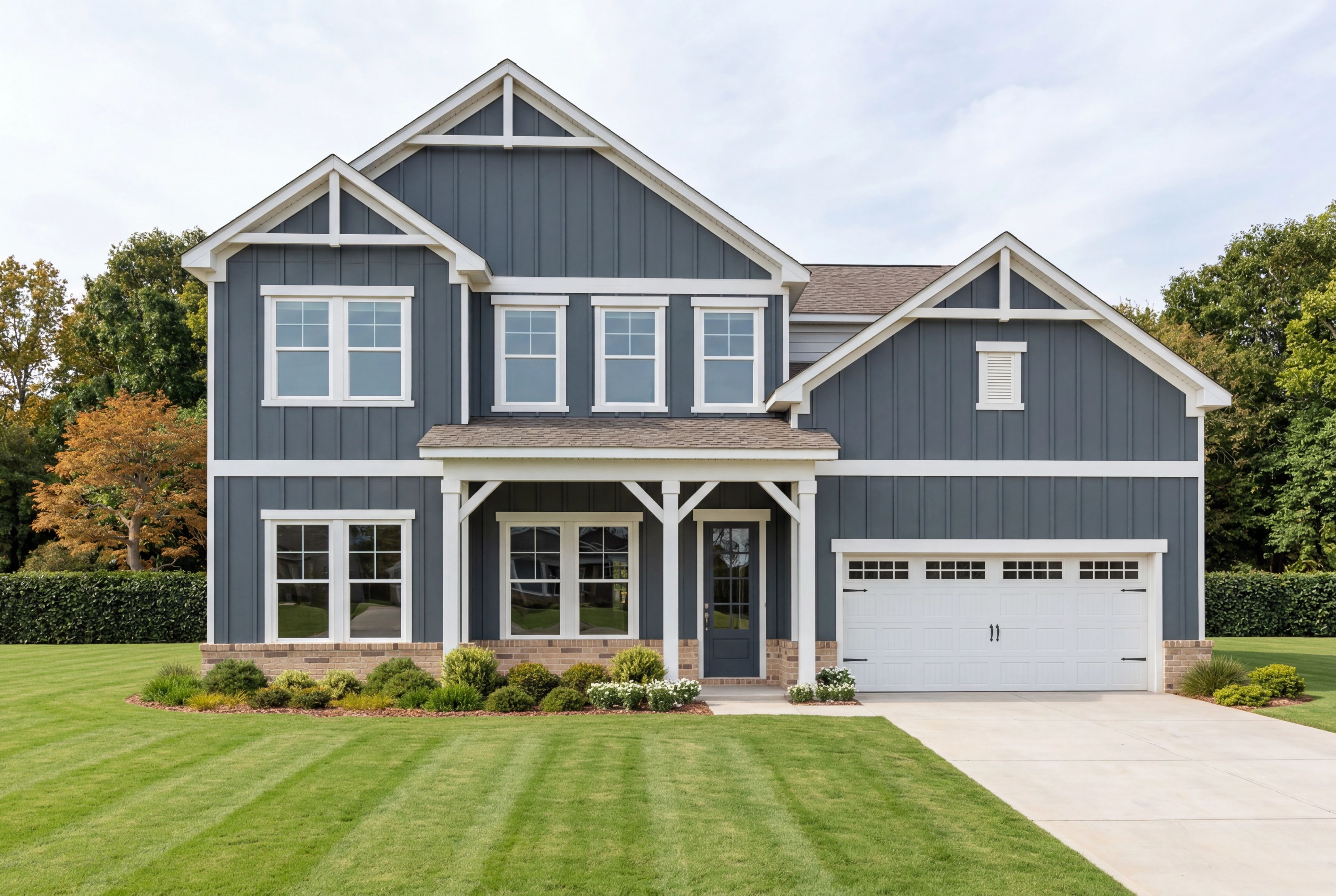 Two-story Barrington B home elevation by Davidson Homes in Priceville, featuring dark blue siding and a two-car garage.