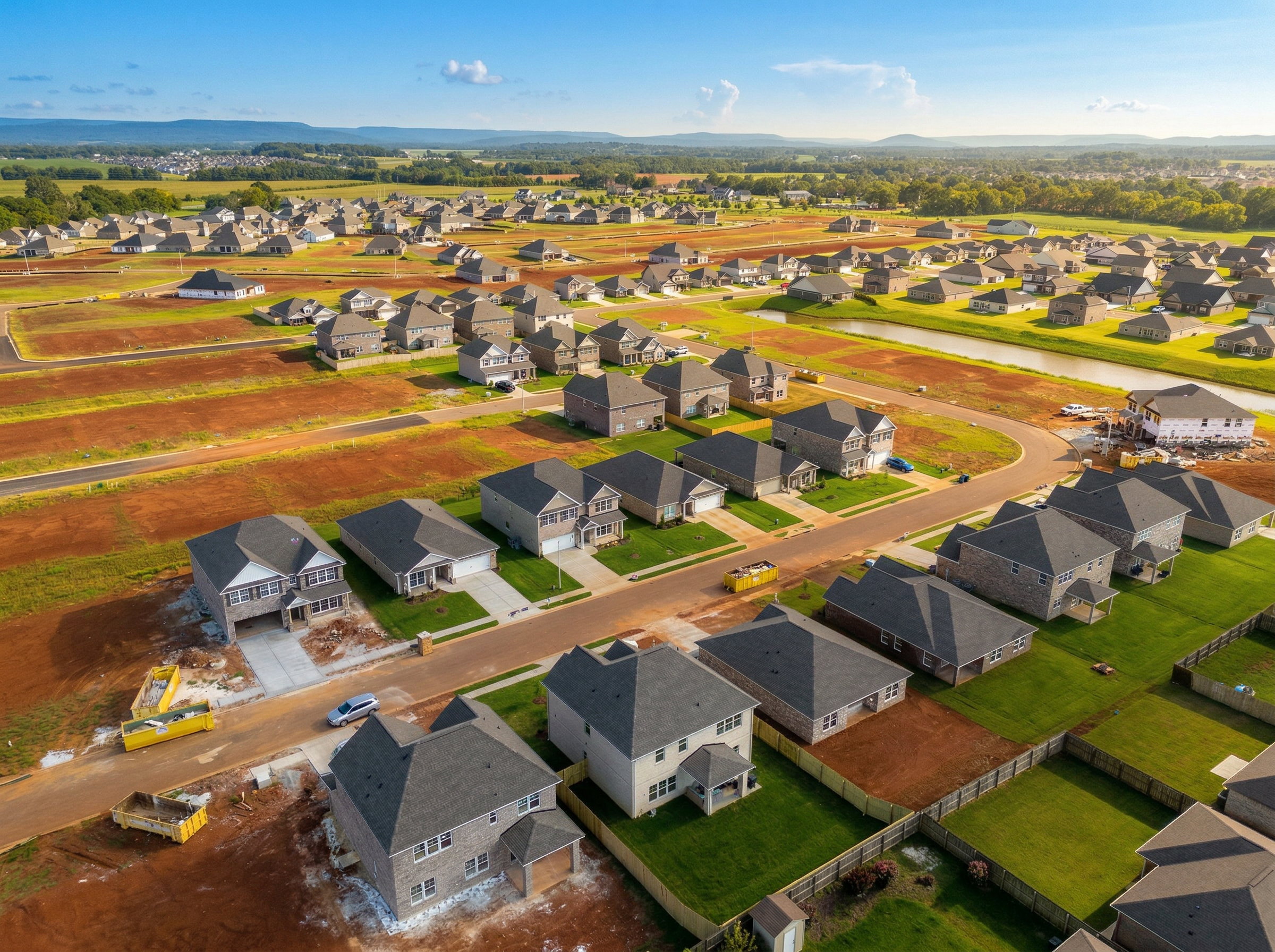 Aerial view of Walker's Hill neighborhood in Meridianville Alabama showcasing new Davidson Homes on red clay lots with green lawns and distant hills
