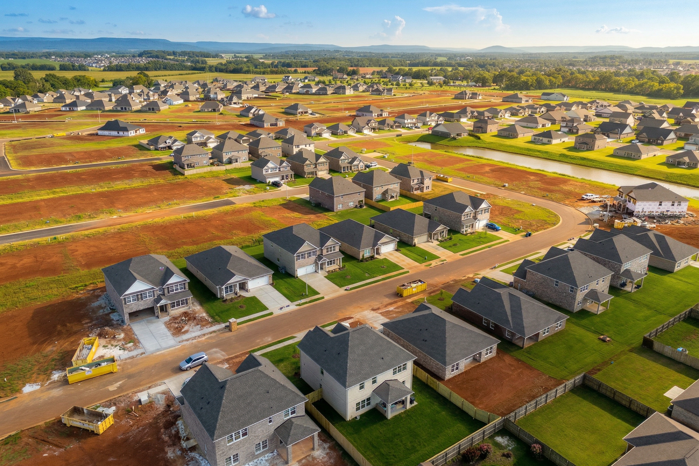 Aerial view of Walker's Hill neighborhood in Meridianville Alabama showcasing new Davidson Homes on red clay lots with green lawns and distant hills