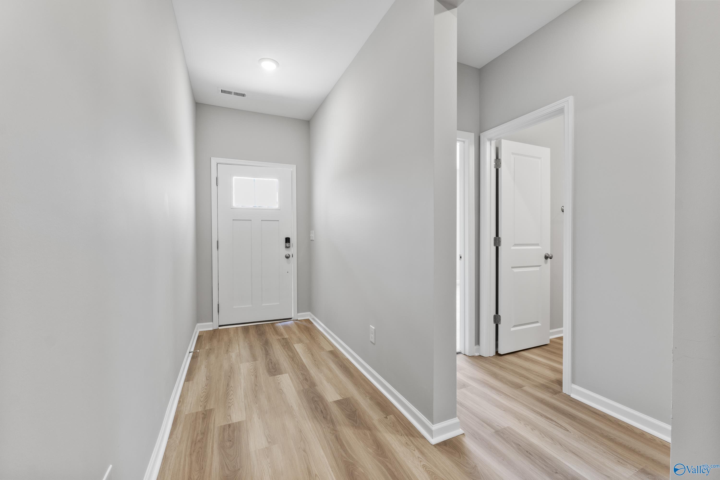 Bright hallway with gray walls, white doors, and wood-look flooring in Davidson Homes The Phoenix, Hazel Green, AL