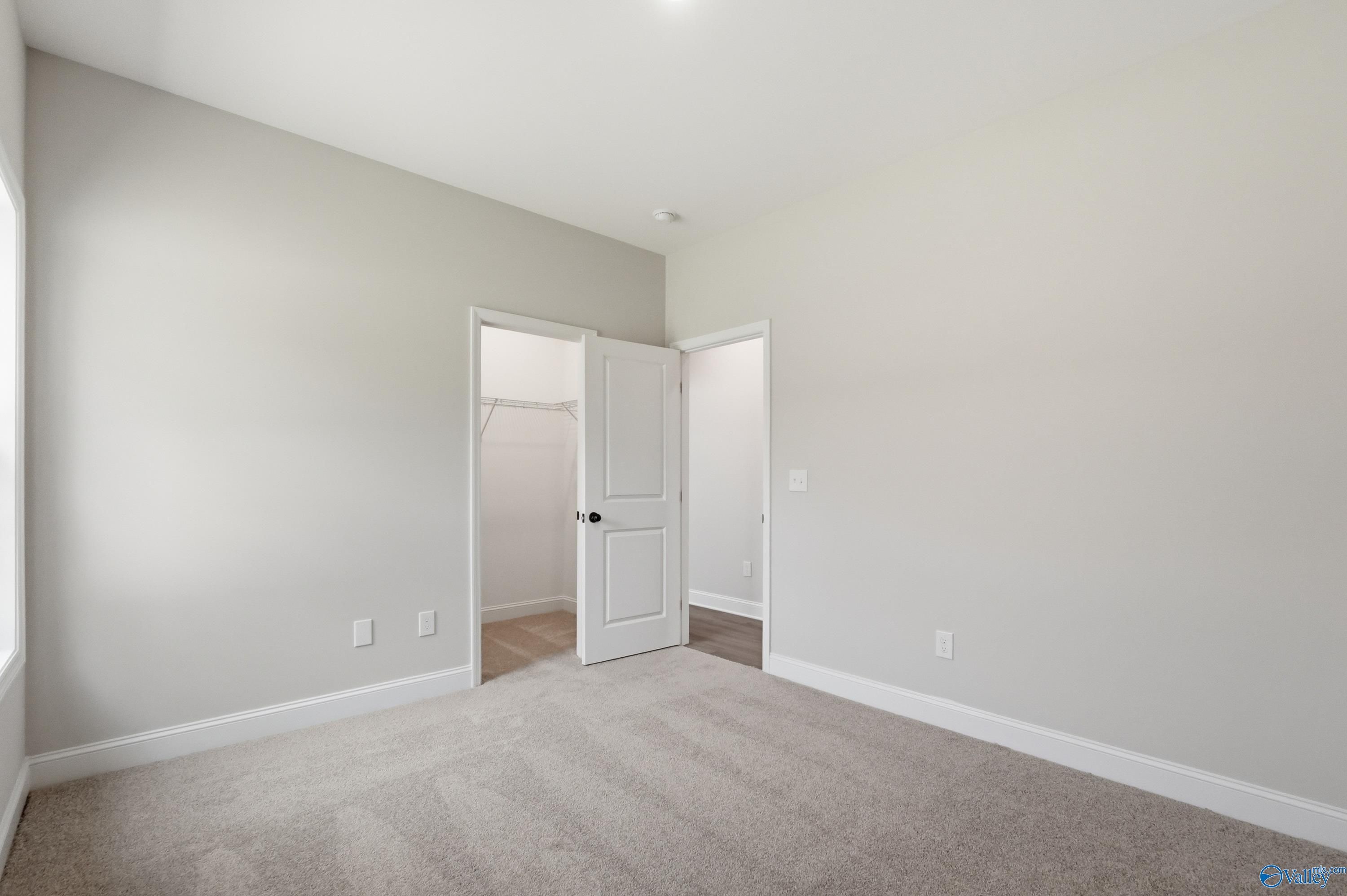 Spacious bedroom with neutral gray walls, plush carpet, walk-in closet, and bathroom door in Davidson Homes The Rockford B, Athens, Alabama