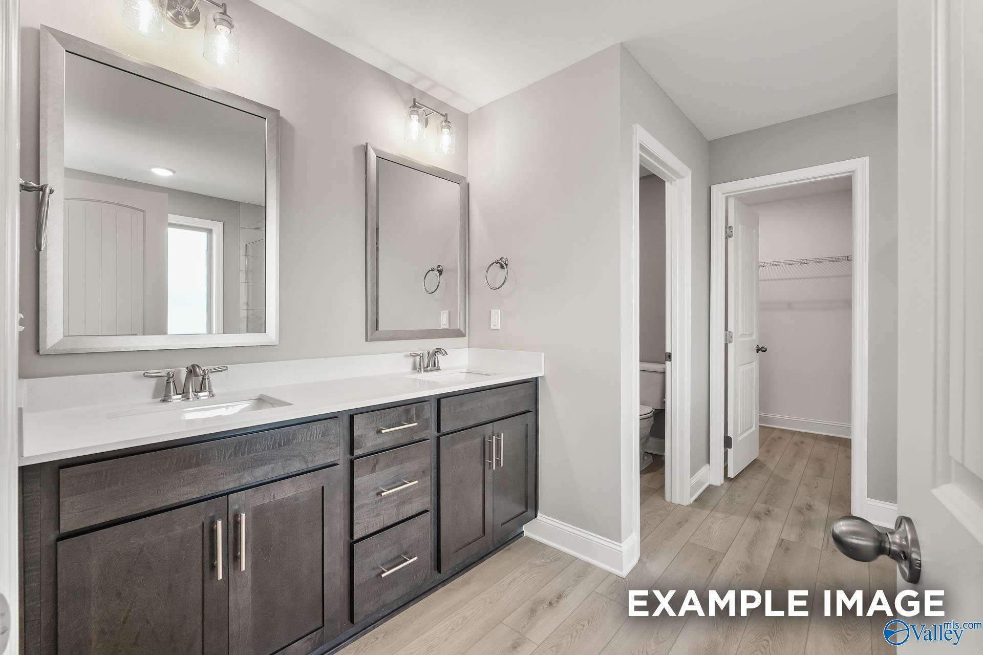 Modern master bathroom featuring double vanity with quartz countertop, dark cabinets, and walk-in closet in Davidson Homes The Everett B, Toney, Alabama