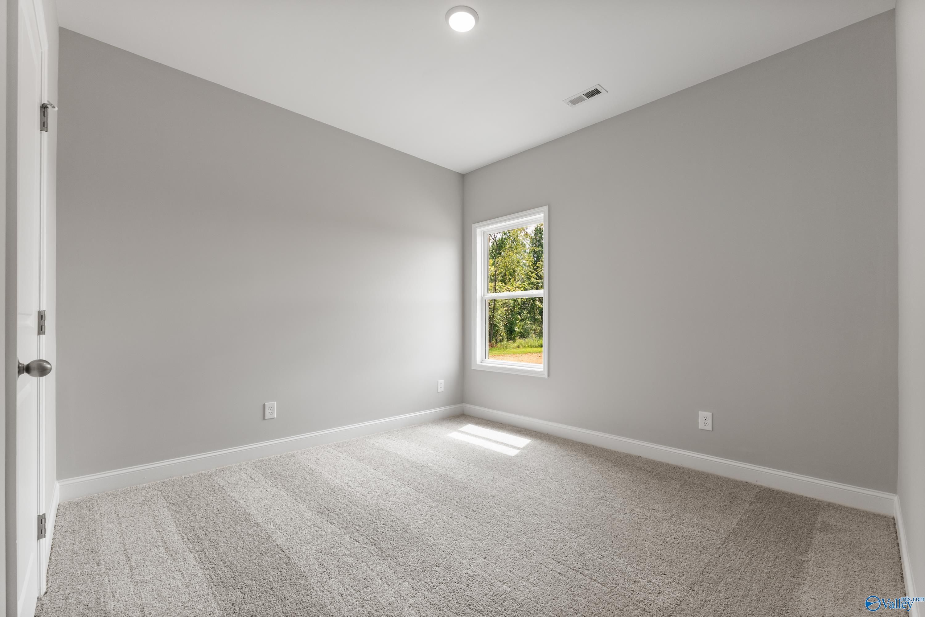 Bright empty bedroom with gray walls, beige carpet, large window, and natural light in The Franklin 3-bedroom home, Huntsville AL