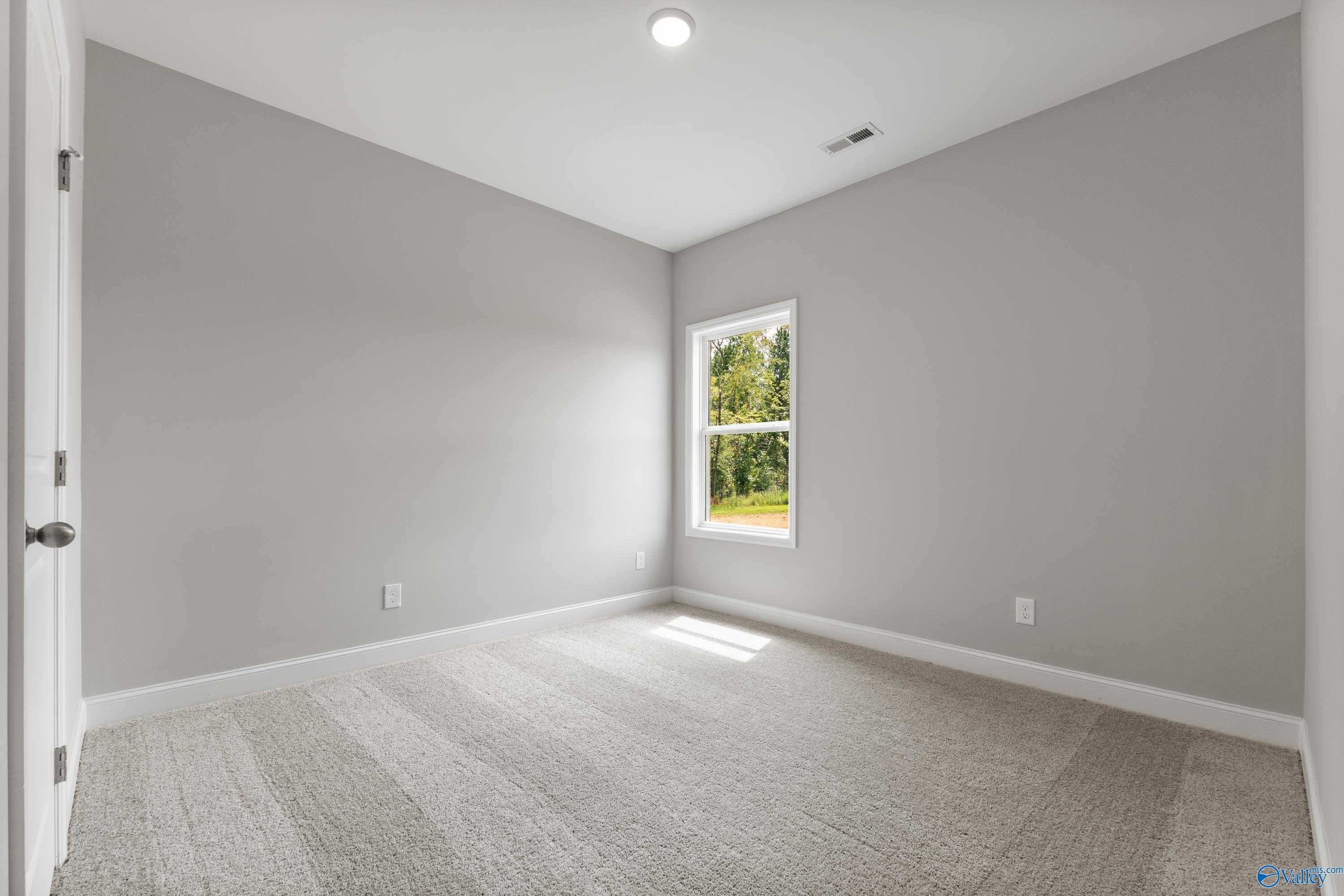 Bright empty bedroom with gray walls, beige carpet, large window, and natural light in The Franklin 3-bedroom home, Huntsville AL
