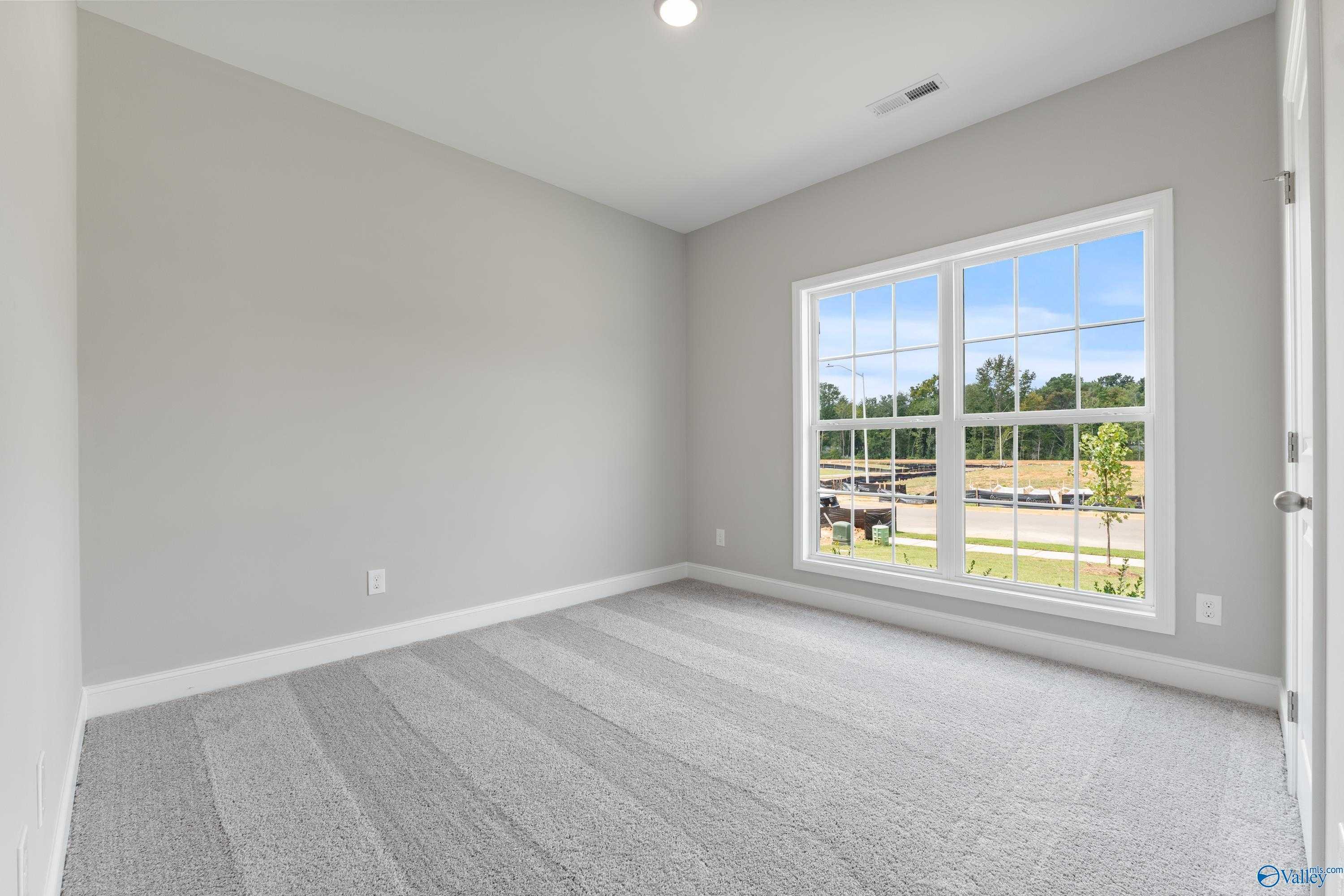 Spacious empty bedroom with gray carpet, light walls, and large window overlooking trees in Davidson Homes The Franklin, Huntsville