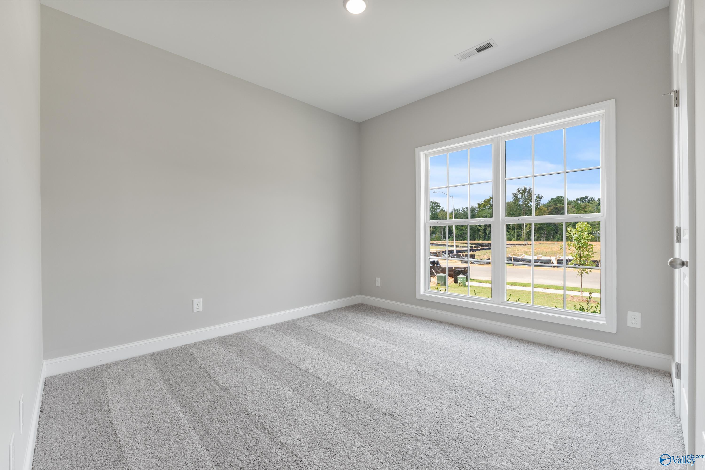 Spacious empty bedroom with gray carpet, light walls, and large window overlooking trees in Davidson Homes The Franklin, Huntsville