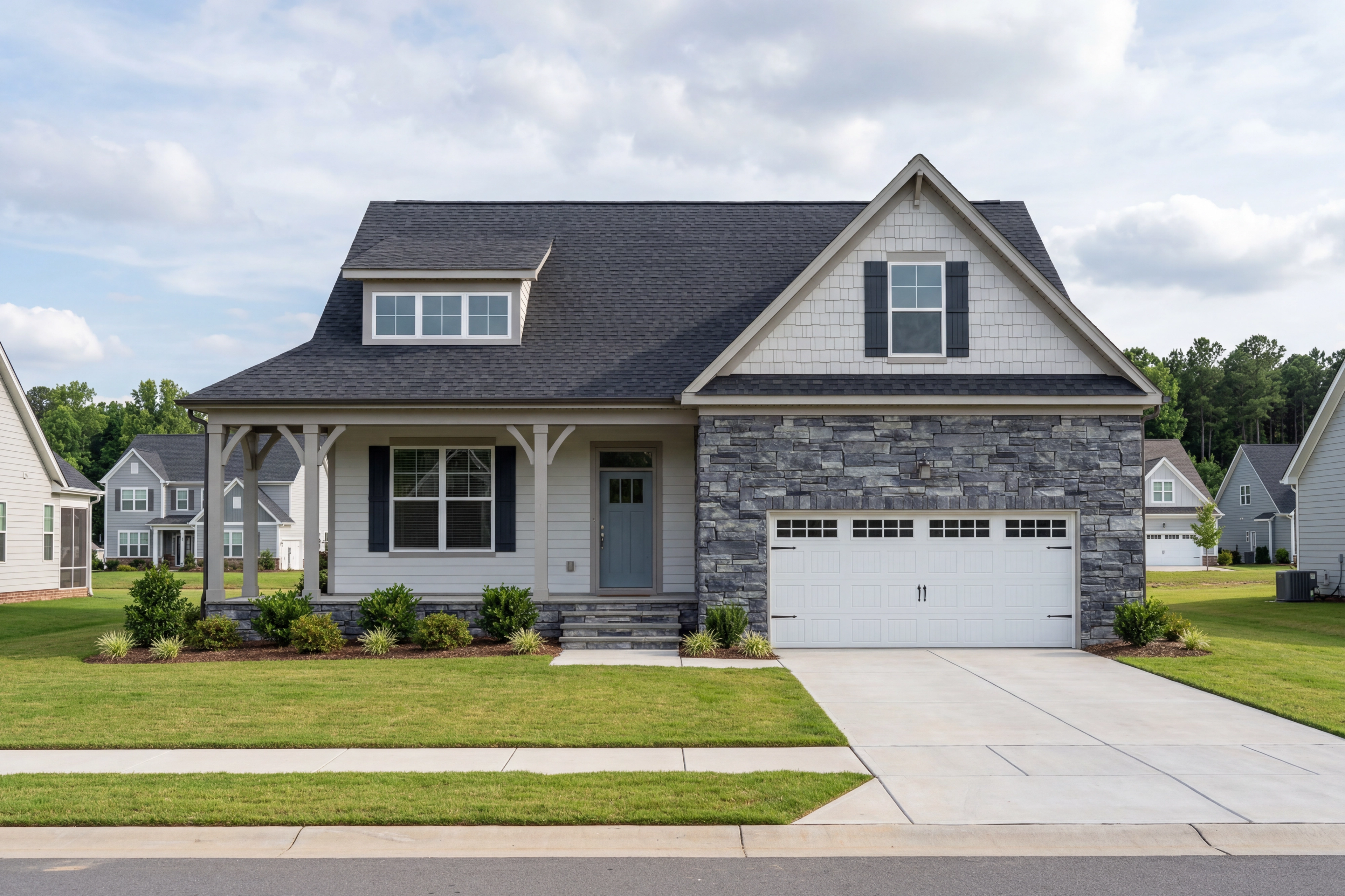 Two-story The Cypress II home elevation with stone and vinyl exterior, 2-car garage, front porch, and landscaped yard in Angier NC