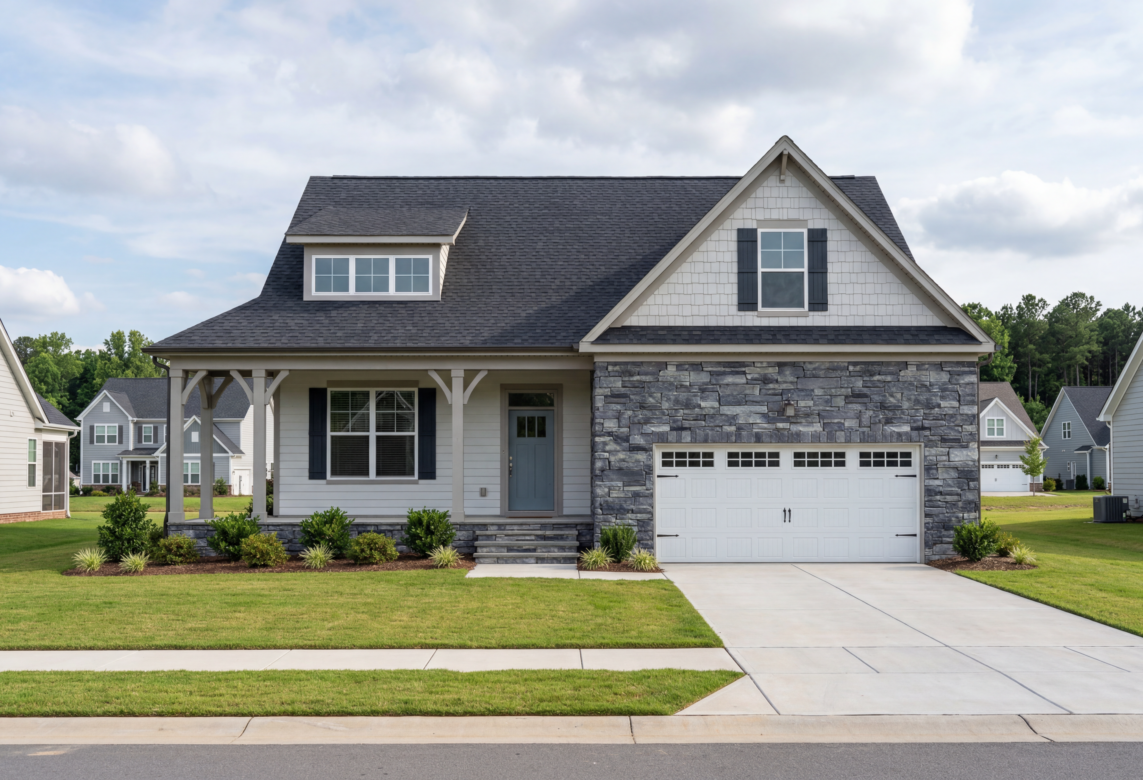Two-story The Cypress II home elevation with stone and vinyl exterior, 2-car garage, front porch, and landscaped yard in Angier NC