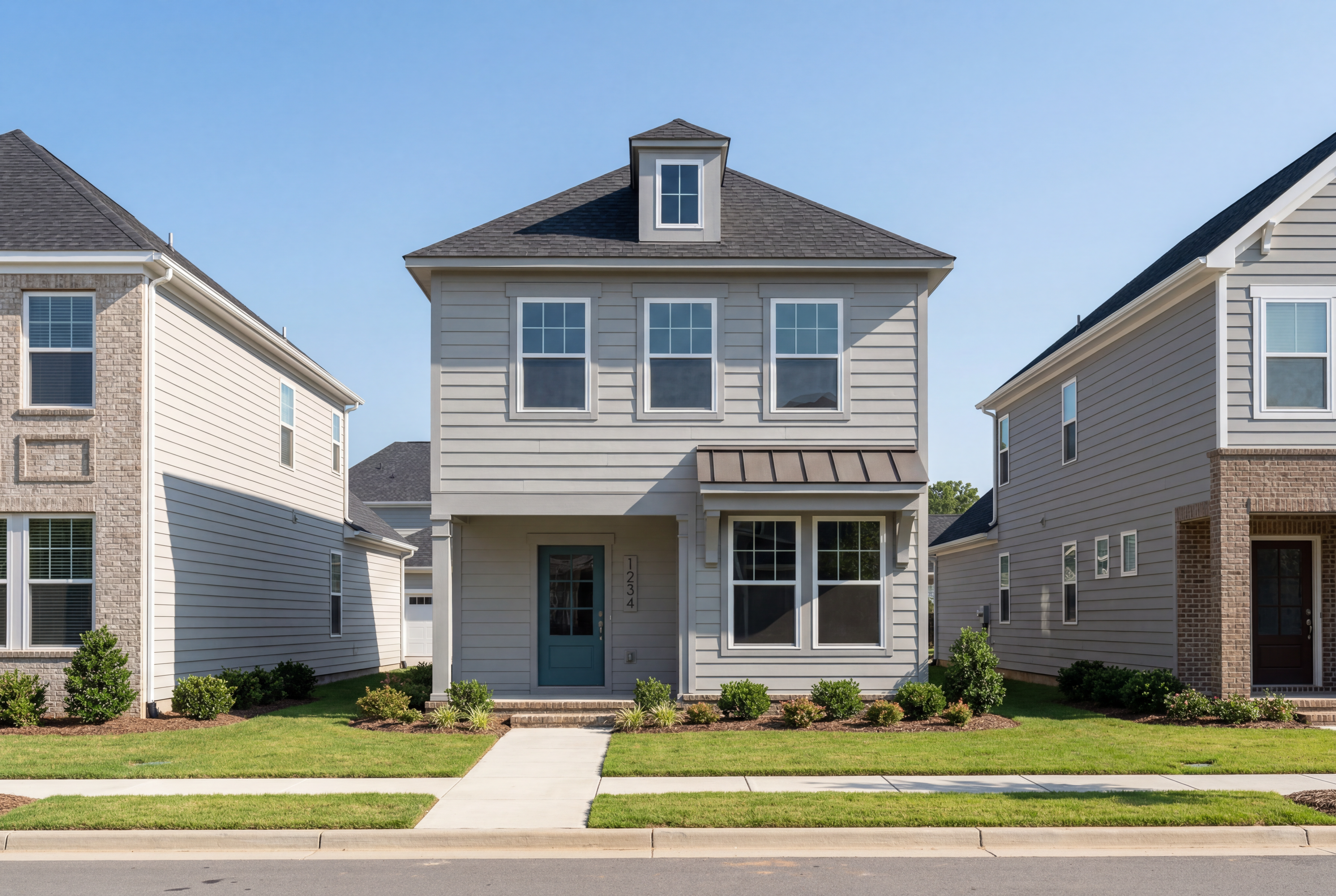 Two-story The Burke C home elevation with gray siding, dark shingled roof, blue front door, and landscaped yard in Knightdale, NC