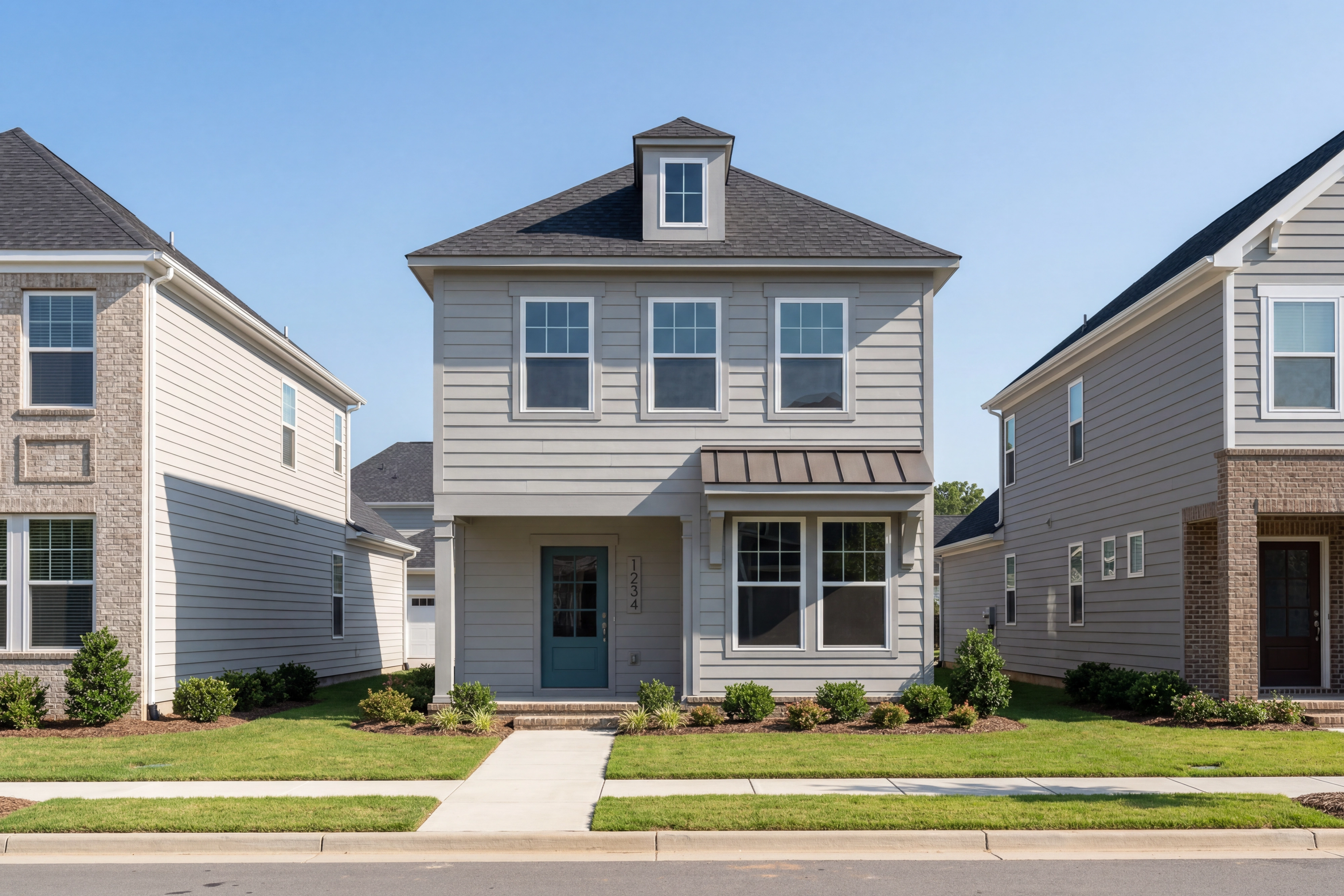Two-story The Burke C home elevation with gray siding, dark shingled roof, blue front door, and landscaped yard in Knightdale, NC