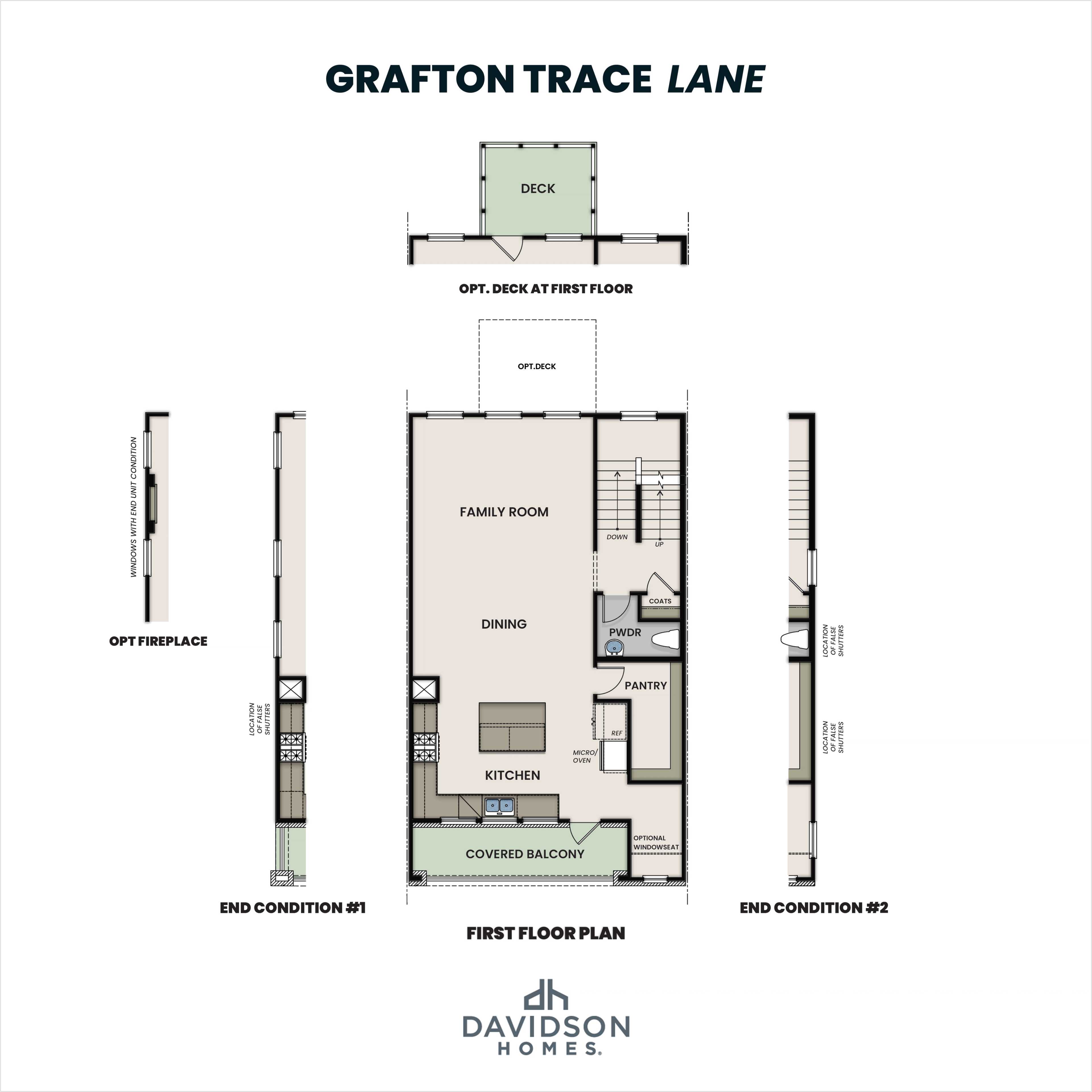 First floor plan of Grafton Trace Lane multi-family home featuring open family room, kitchen, dining, pantry, and covered balcony
