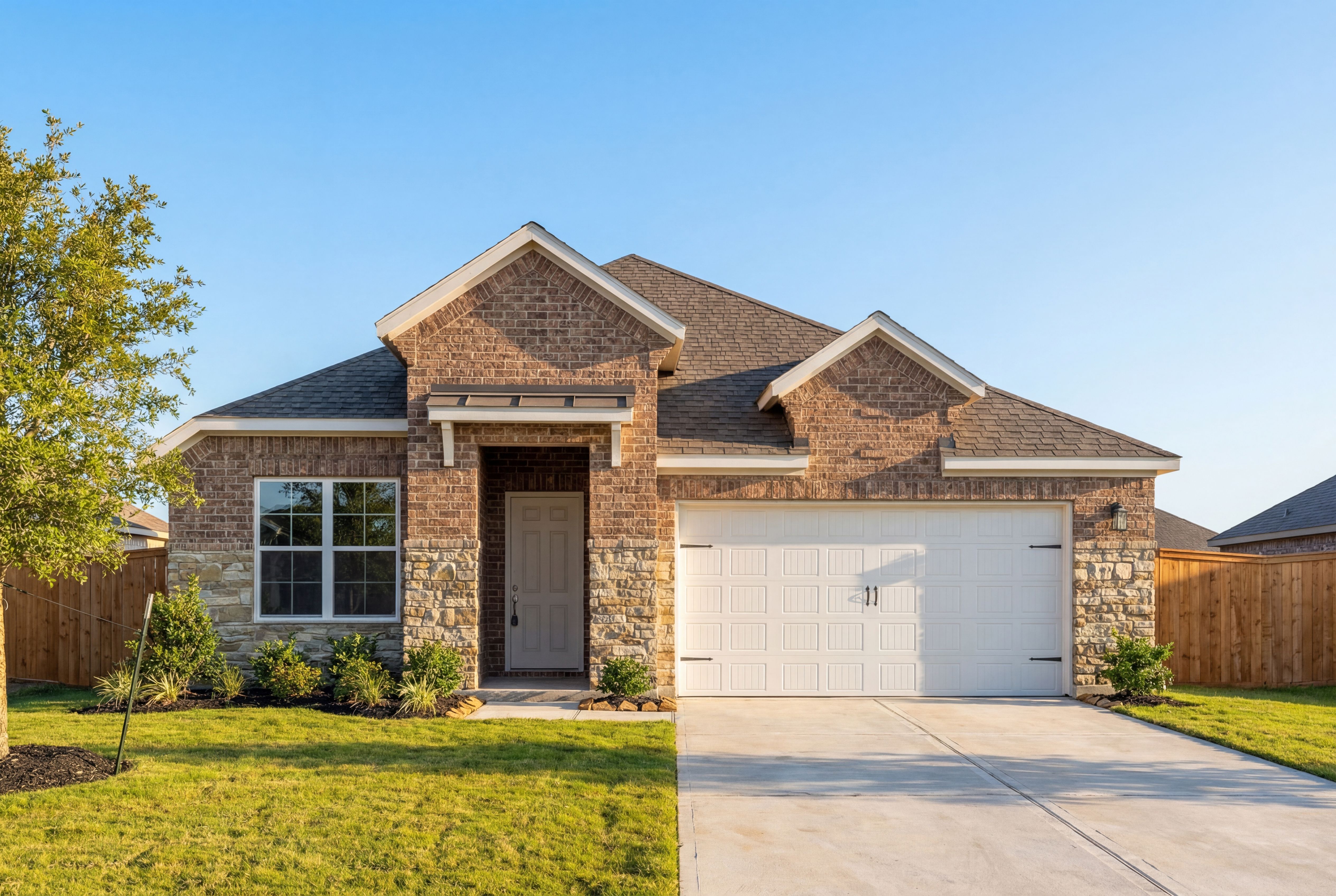 The Acadia B single-story home elevation featuring brick and stone exterior, 2-car garage, and lush lawn in Magnolia Texas