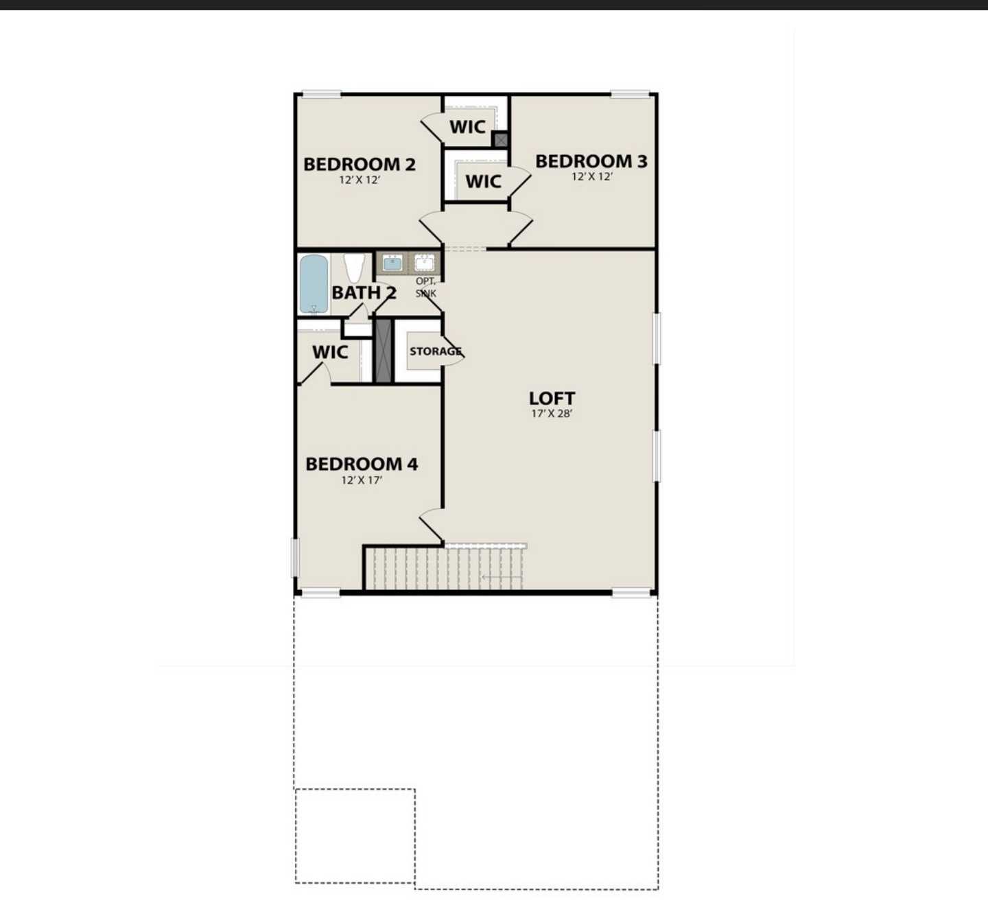 Second floor plan of The San Marcos home featuring bedrooms 2-4, loft, full bath, walk-in closets, and storage